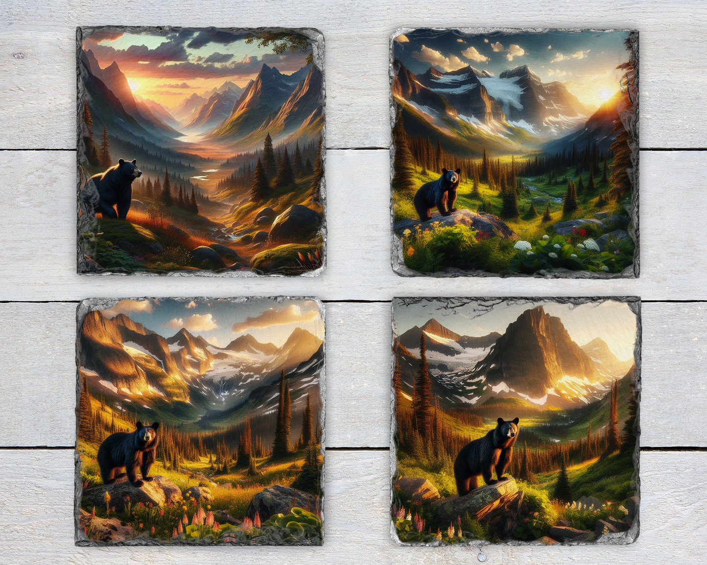 Rustic Slate Coaster Set, Bear in Valley at Sunset, Set of 4 Different Images, Unique Gift for Mom, Bear Coaster Set, Unique Coaster Set