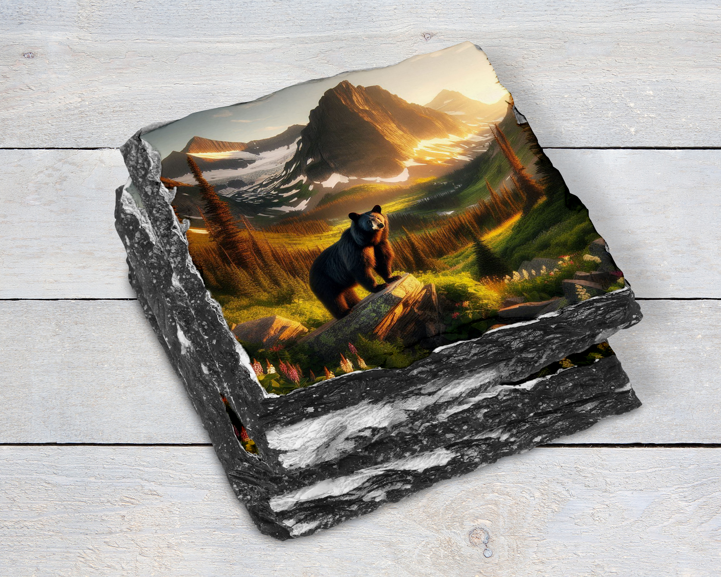 Rustic Slate Coaster Set with Bear in Valley at Sunset - Unique Gift for Mom 4 Distinct Designs