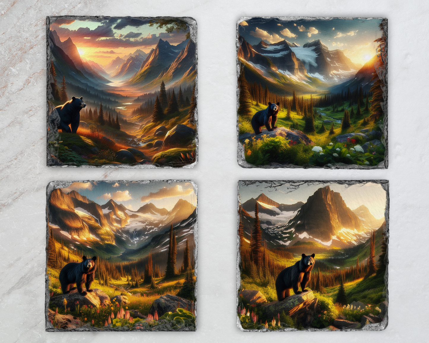 Rustic Slate Coaster Set, Bear in Valley at Sunset, Set of 4 Different Images, Unique Gift for Mom, Bear Coaster Set, Unique Coaster Set