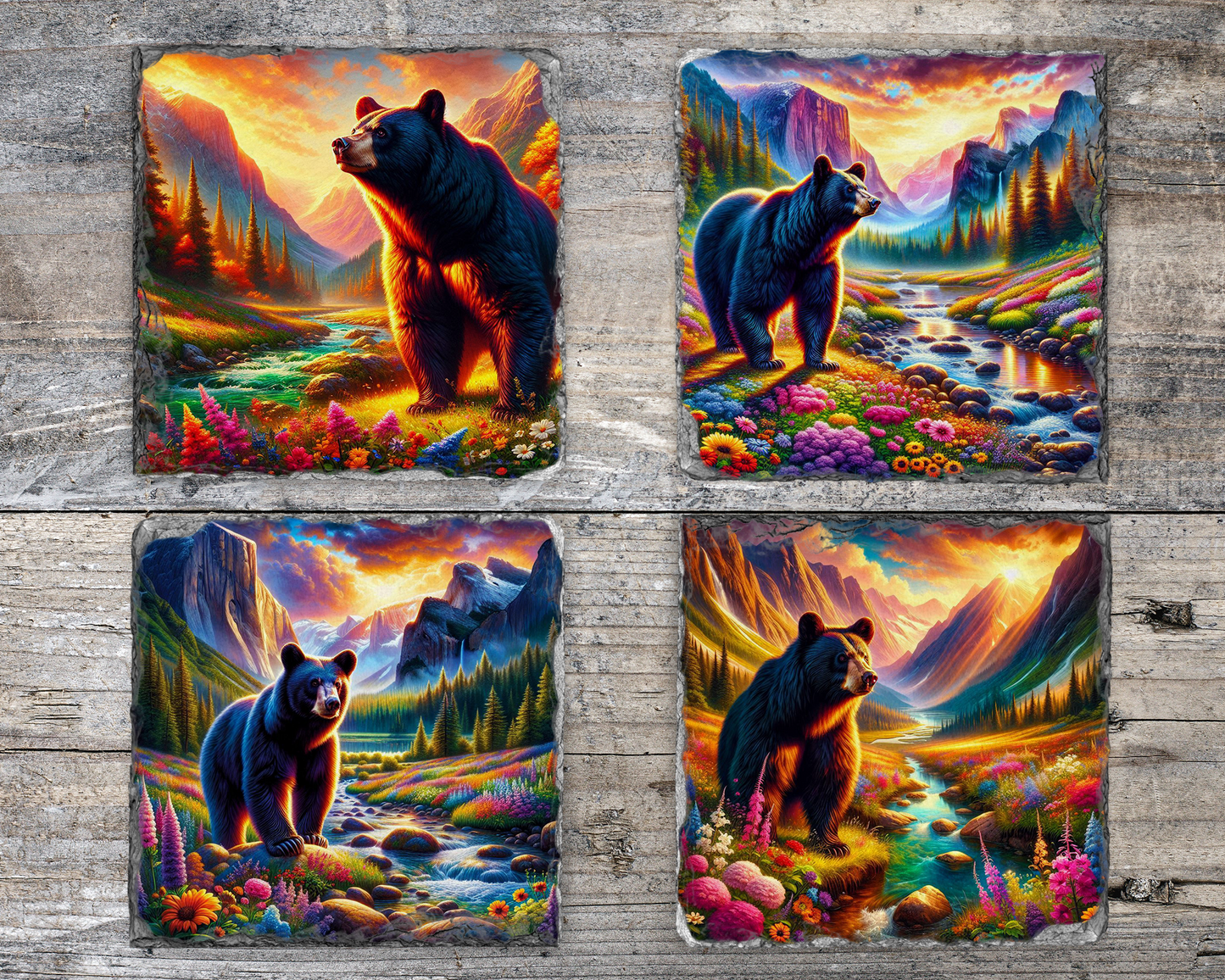 Nature Inspired Coaster Set, Black Bear River Valley Sunset Floral Slate, Unique Gifts for Bear Lover, Vibrant Coaster Set, Woodland Coaster