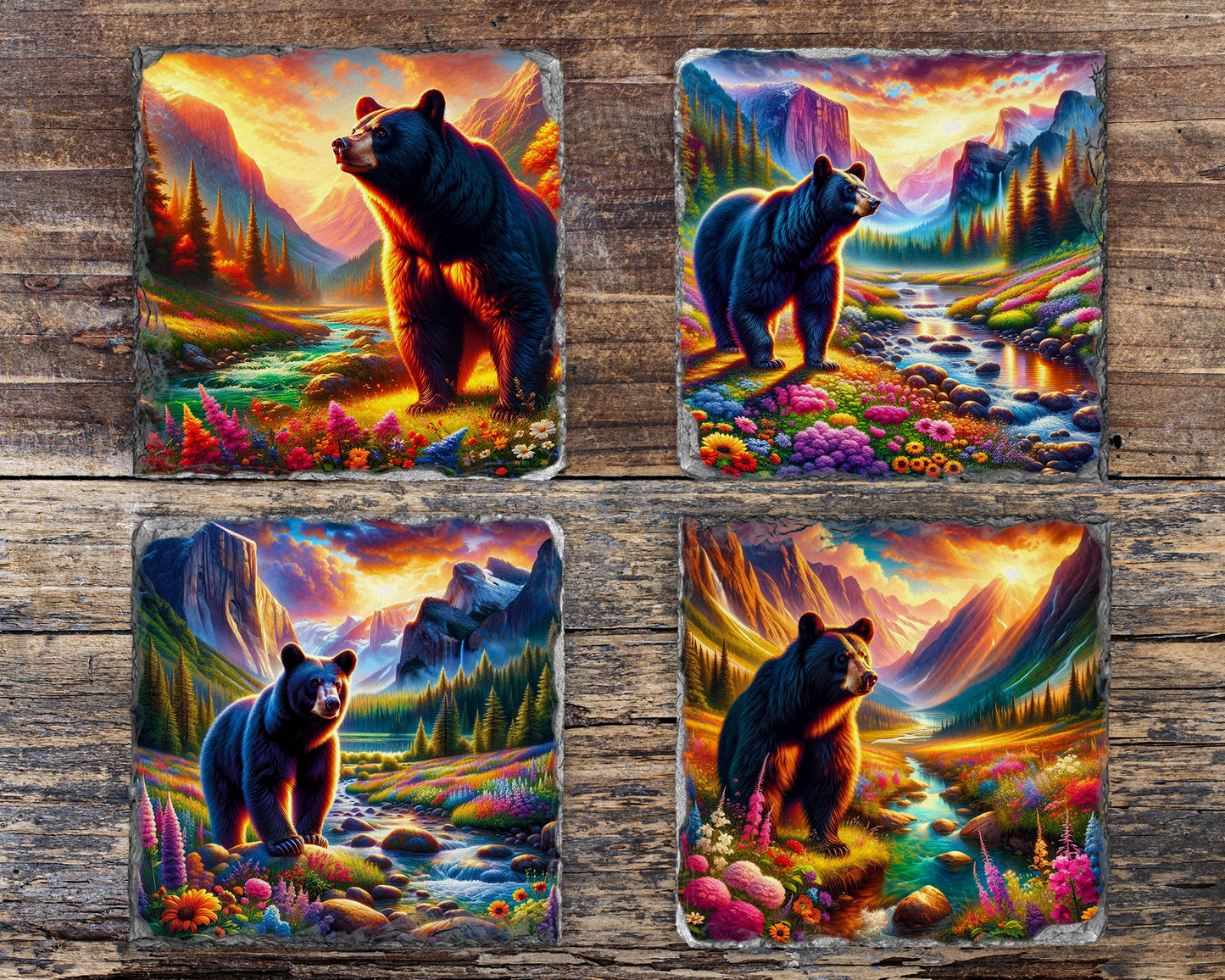 Nature Inspired Coaster Set, Black Bear River Valley Sunset Floral Slate, Unique Gifts for Bear Lover, Vibrant Coaster Set, Woodland Coaster