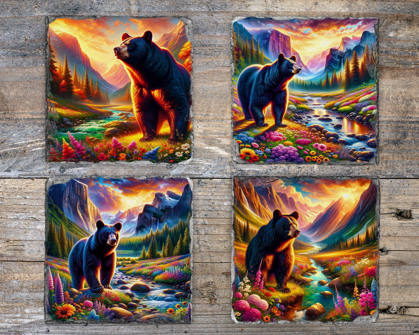 Nature Inspired Coaster Set, Black Bear River Valley Sunset Floral Slate, Unique Gifts for Bear Lover, Vibrant Coaster Set, Woodland Coaster