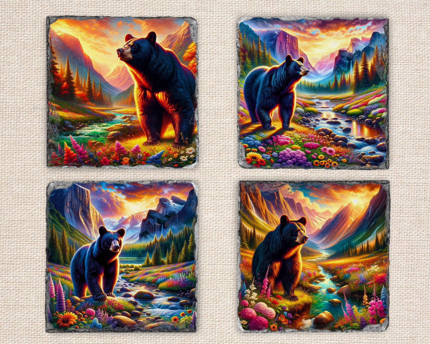 Nature Inspired Coaster Set, Black Bear River Valley Sunset Floral Slate, Unique Gifts for Bear Lover, Vibrant Coaster Set, Woodland Coaster
