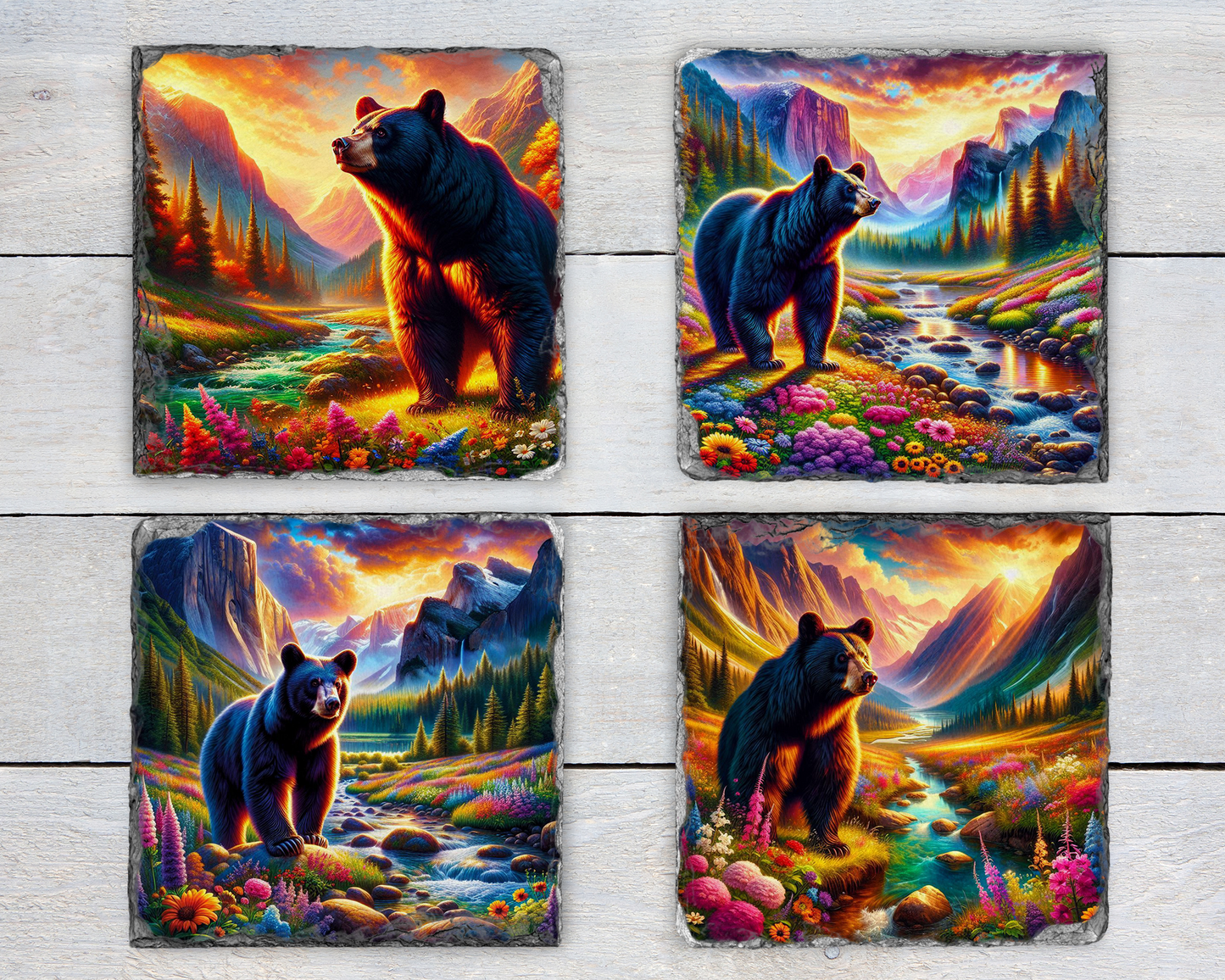 Nature Inspired Coaster Set, Black Bear River Valley Sunset Floral Slate, Unique Gifts for Bear Lover, Vibrant Coaster Set, Woodland Coaster