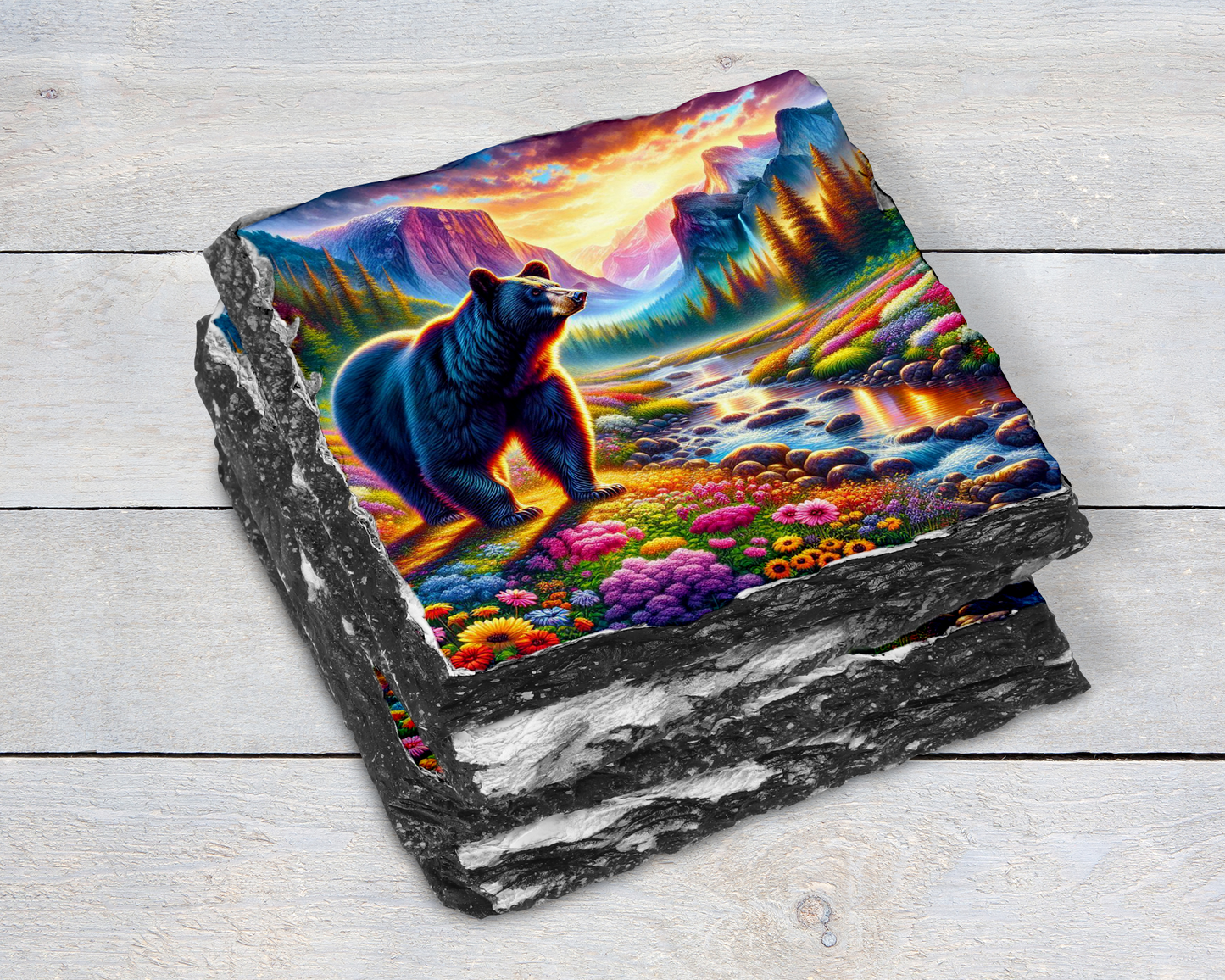 Nature Inspired Coaster Set, Black Bear River Valley Sunset Floral Slate, Unique Gifts for Bear Lover, Vibrant Coaster Set, Woodland Coaster