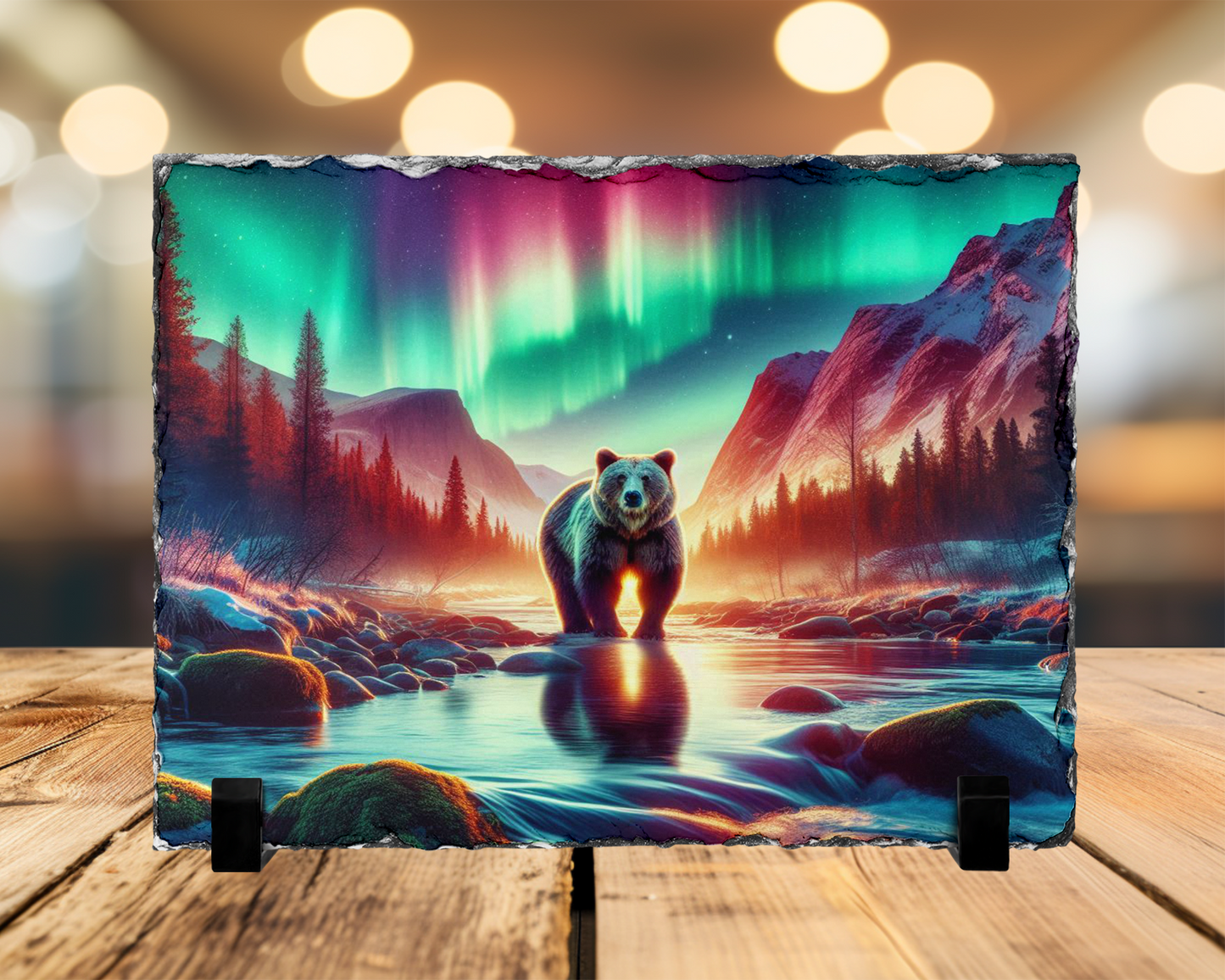 Northern Lights Bear Slate, Outdoor Lover Gift, Aurora Borealis