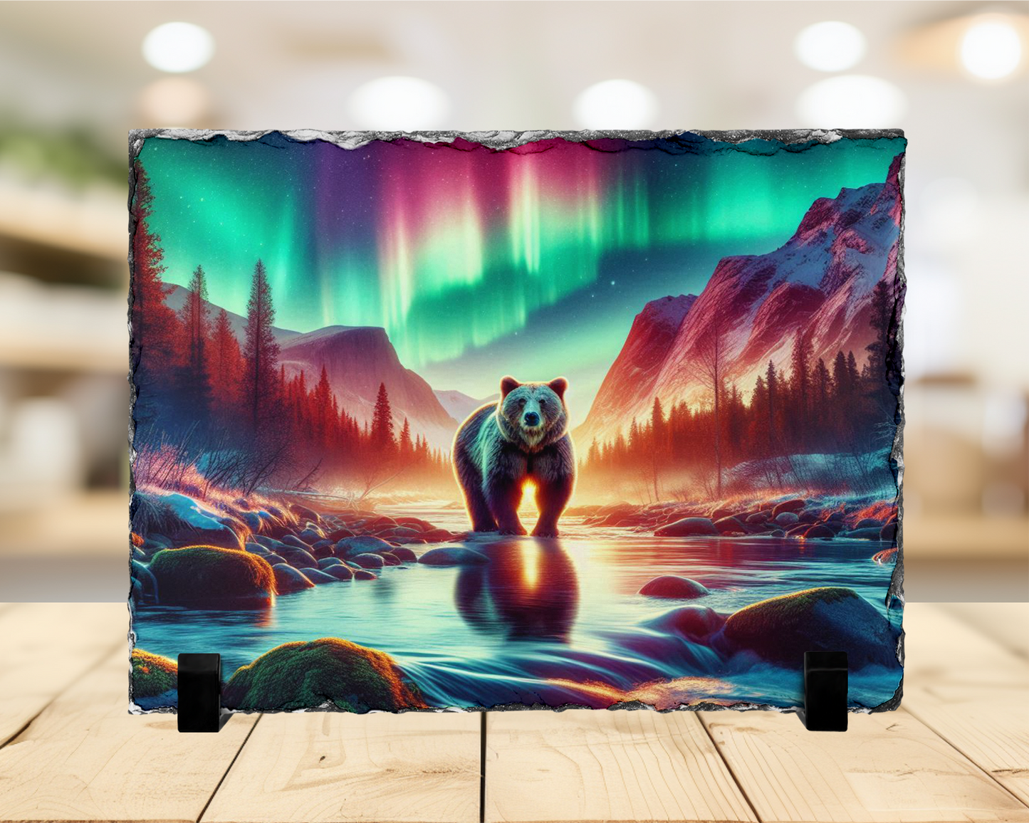 Northern Lights Bear Slate, Outdoor Lover Gift, Aurora Borealis