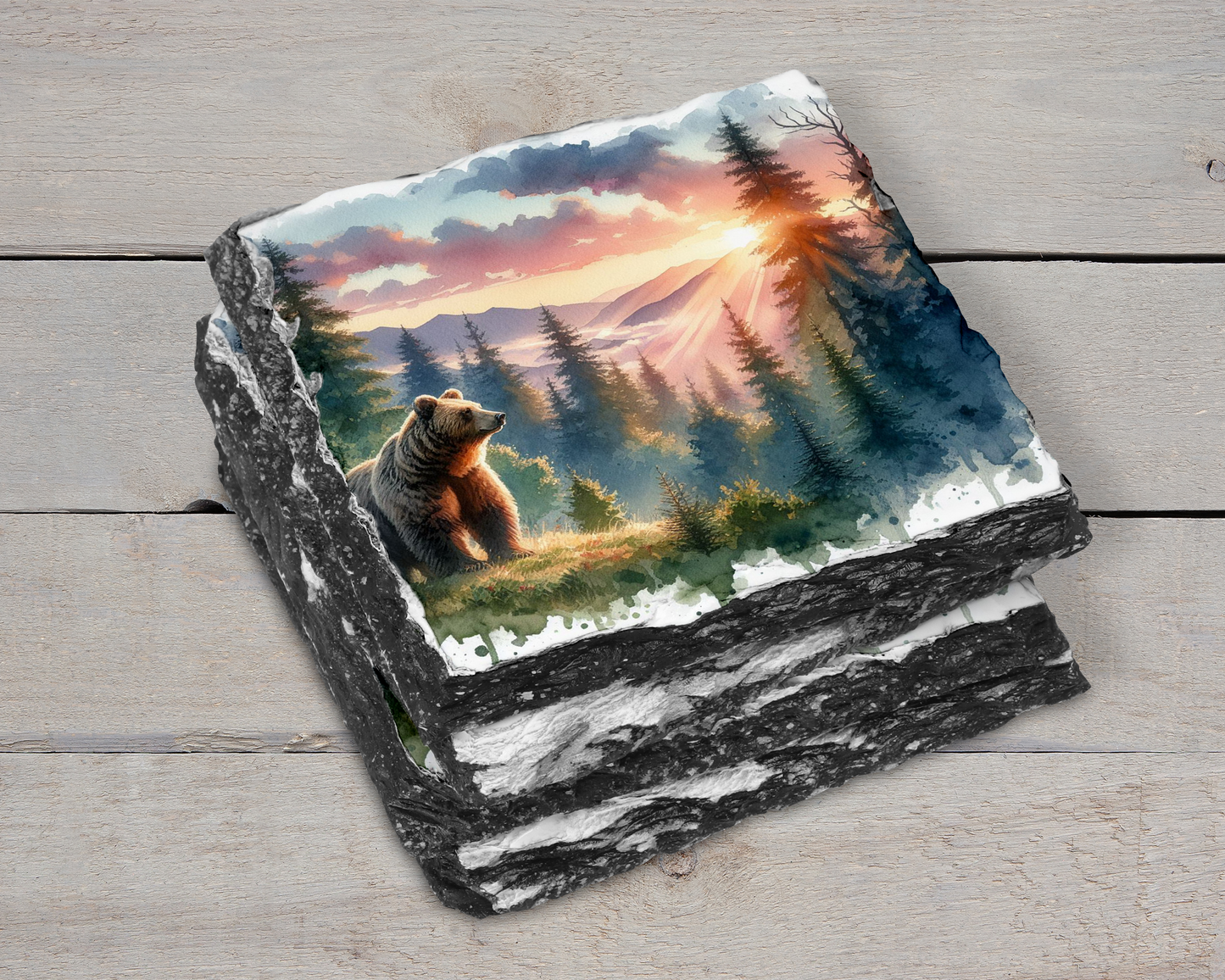 Rustic Brown Bear Coasters - Watercolor Mountain Sunset Slate Set of 4
