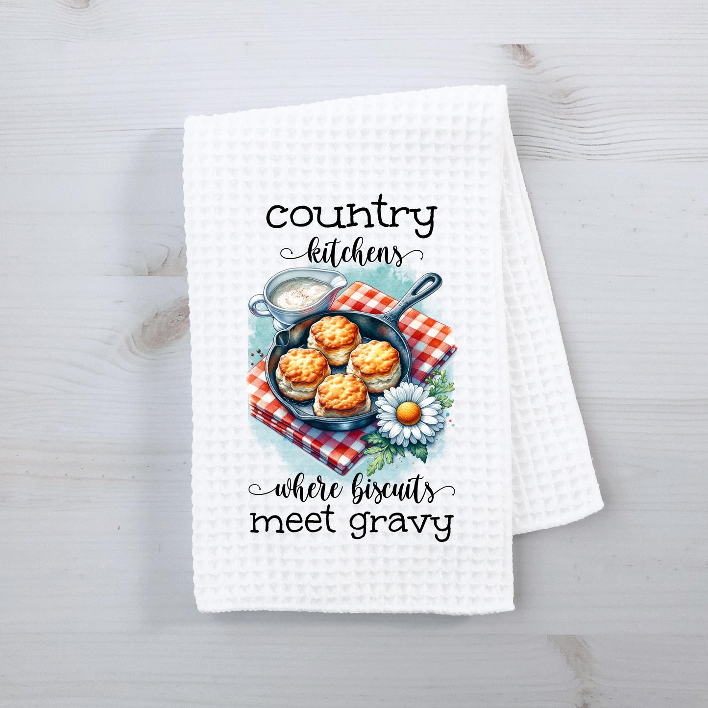 Country Kitchen Waffle Weave Towel, Charming Rustic Farmhouse Towel, Unique Hostess Gift, Cute Towel for Mom, Farmhouse Charm, Biscuit Theme