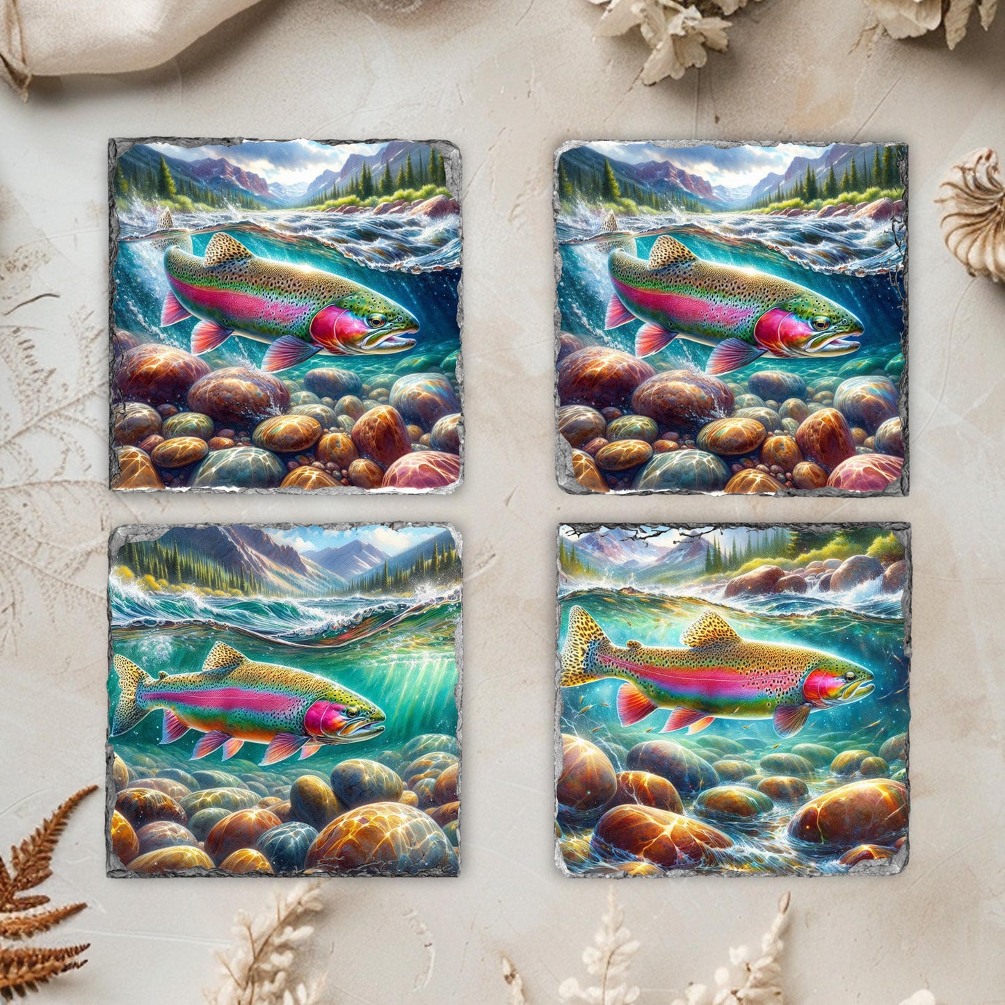 Rainbow Trout Slate Coaster Set with Fractured Edges 4 Sublimation Prints Black Rack for Coffee Table or Gift