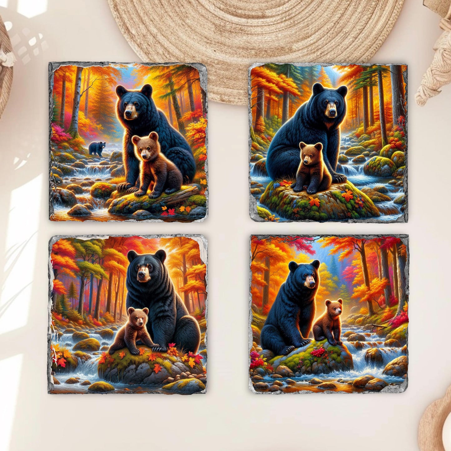 Fractured Edge Slate Coaster Set with Bear and Cub Fall River Scene - Ideal Gift for Nature Lovers