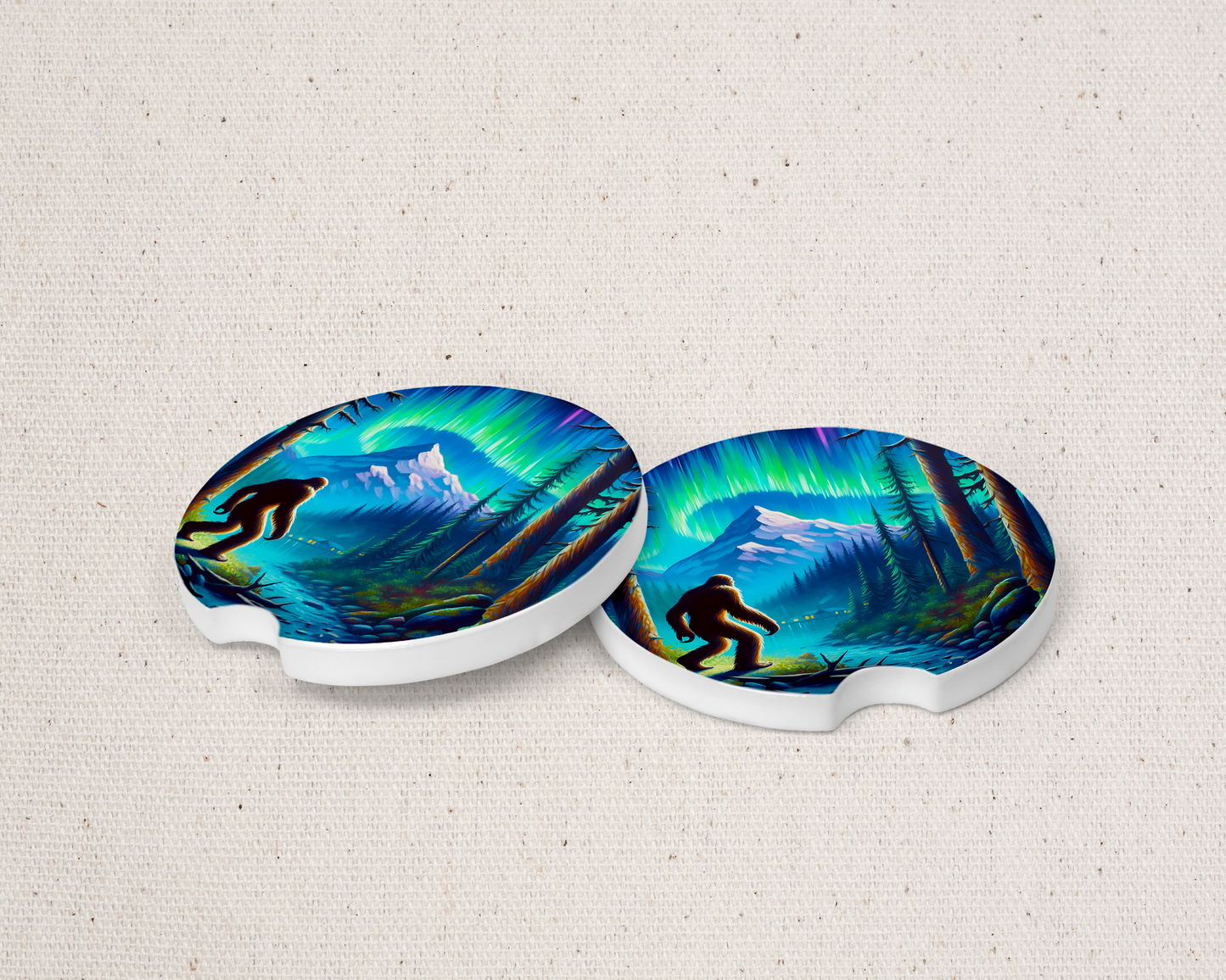 Big Foot Ceramic Car Coasters with River and Northern Lights Design