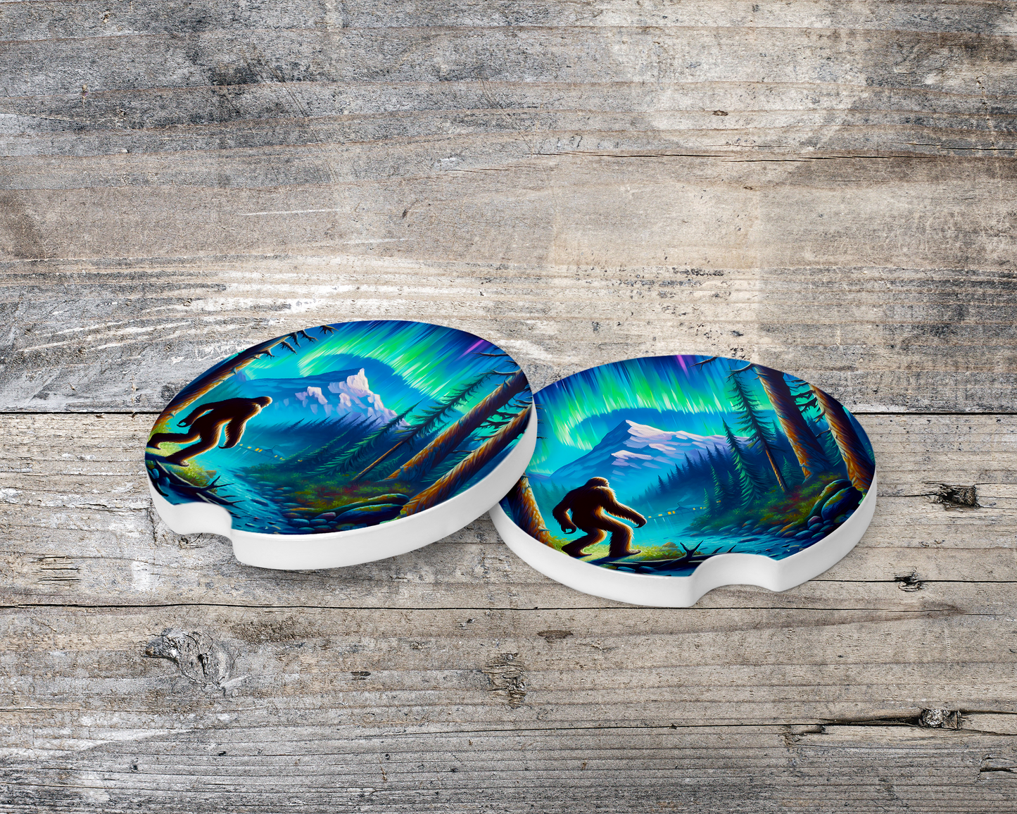Big Foot Ceramic Car Coasters with River and Northern Lights Design