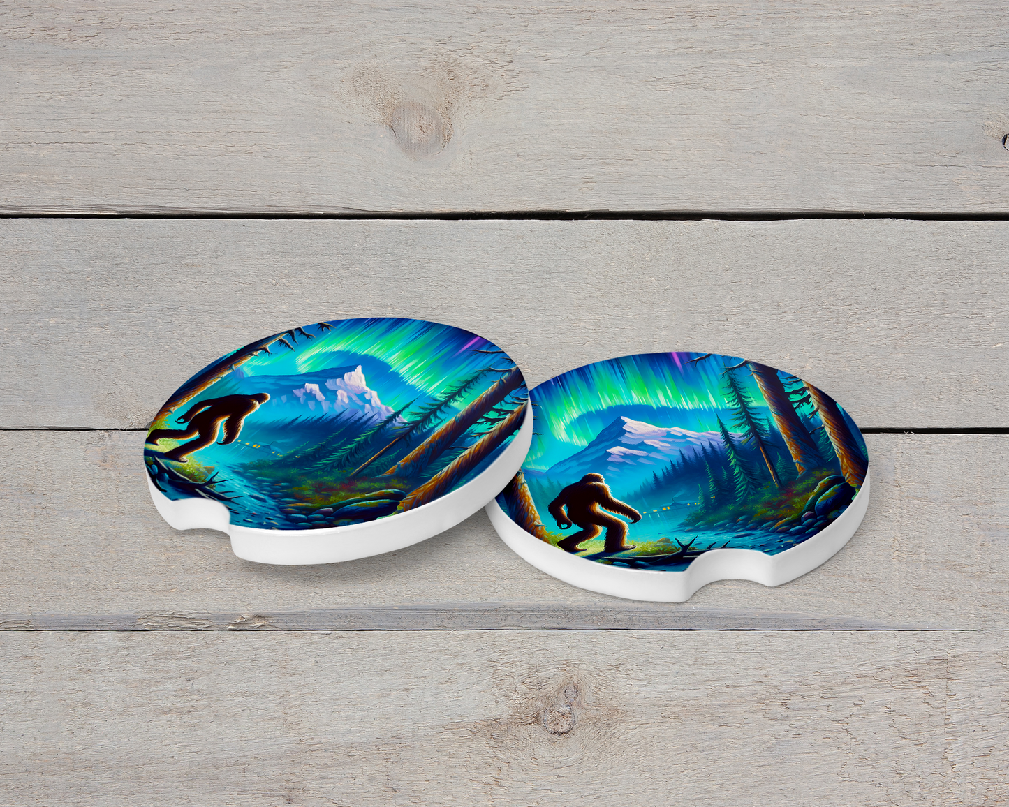 Big Foot Ceramic Car Coasters with River and Northern Lights Design