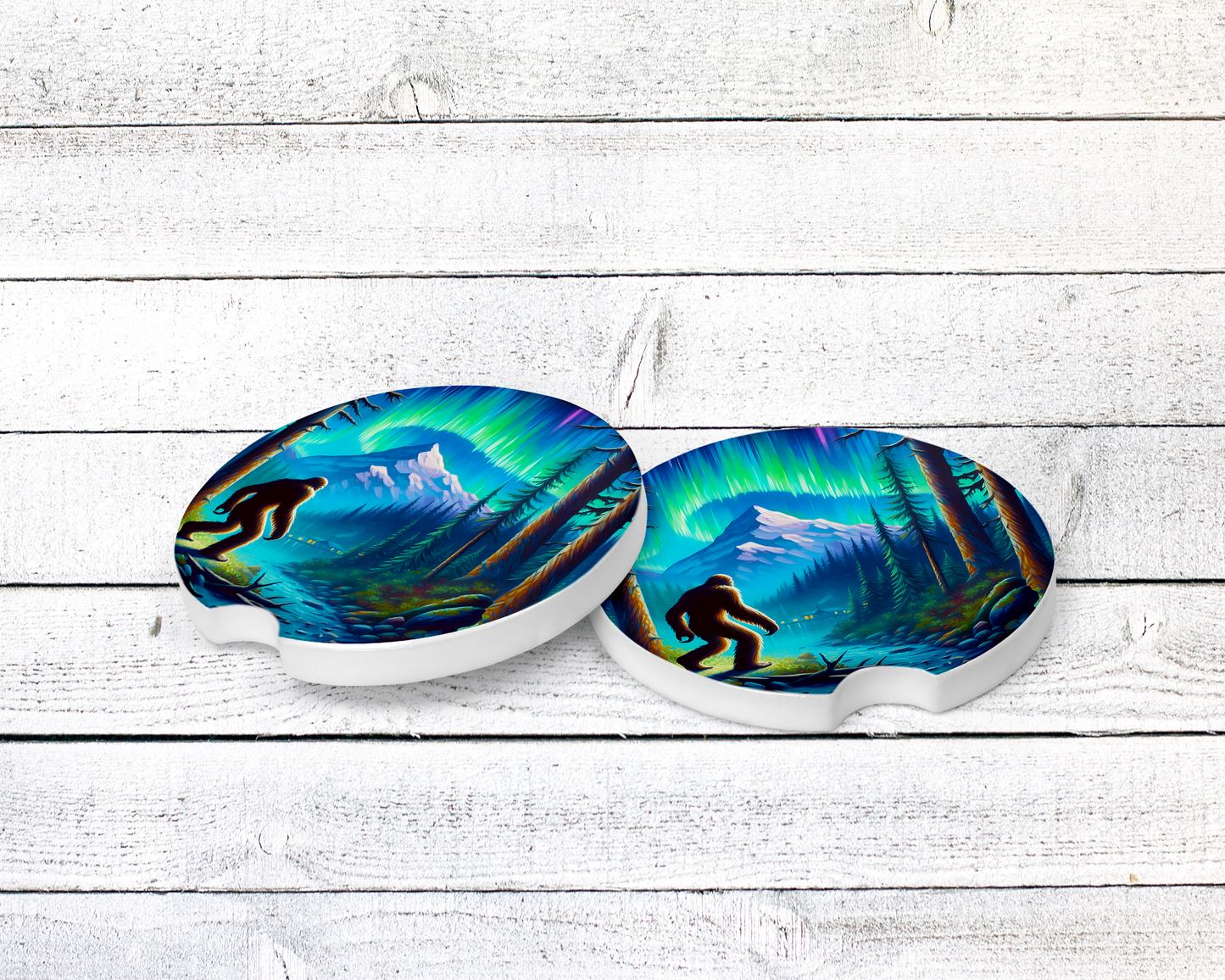Big Foot Ceramic Car Coasters with River and Northern Lights Design