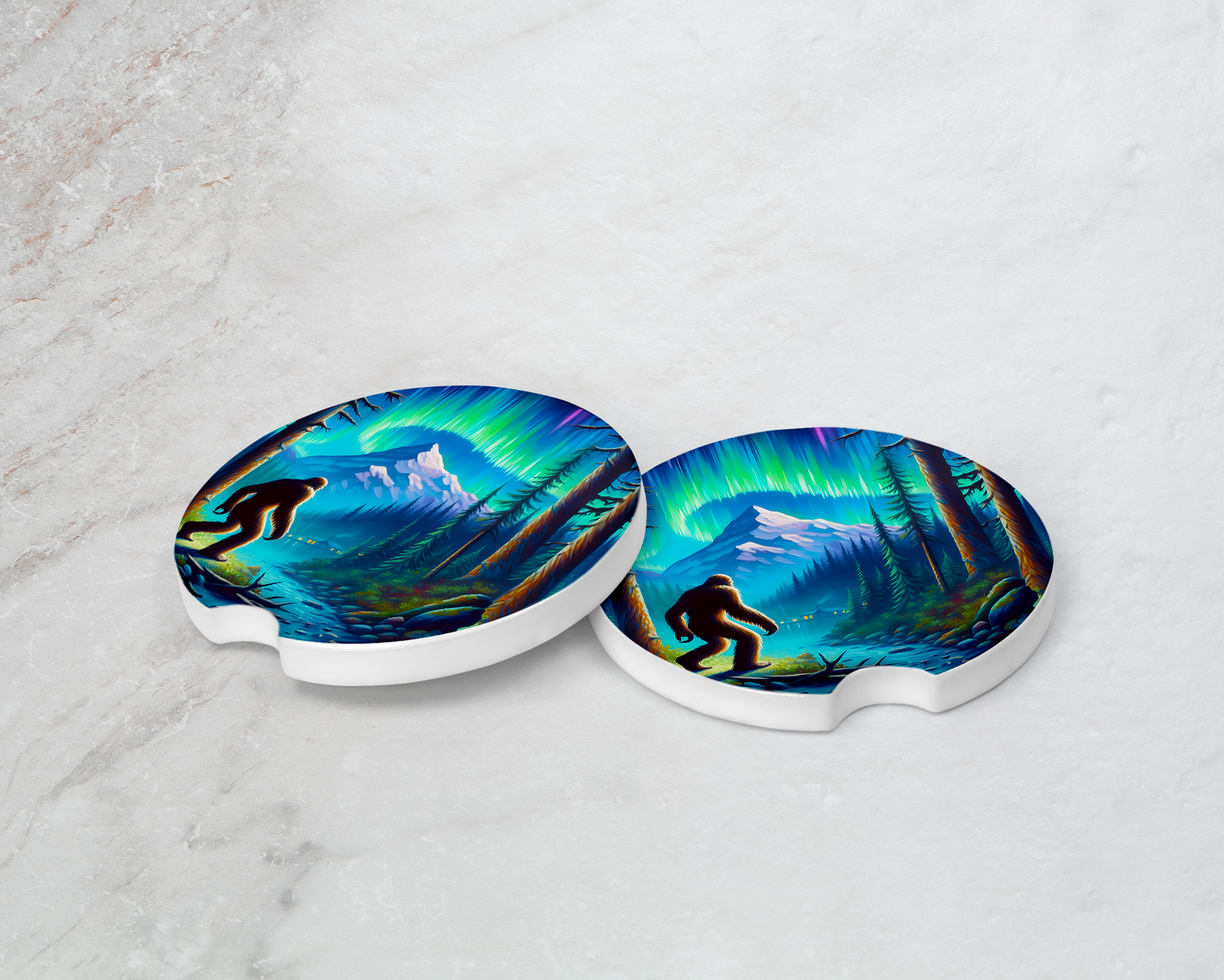 Big Foot Ceramic Car Coasters with River and Northern Lights Design