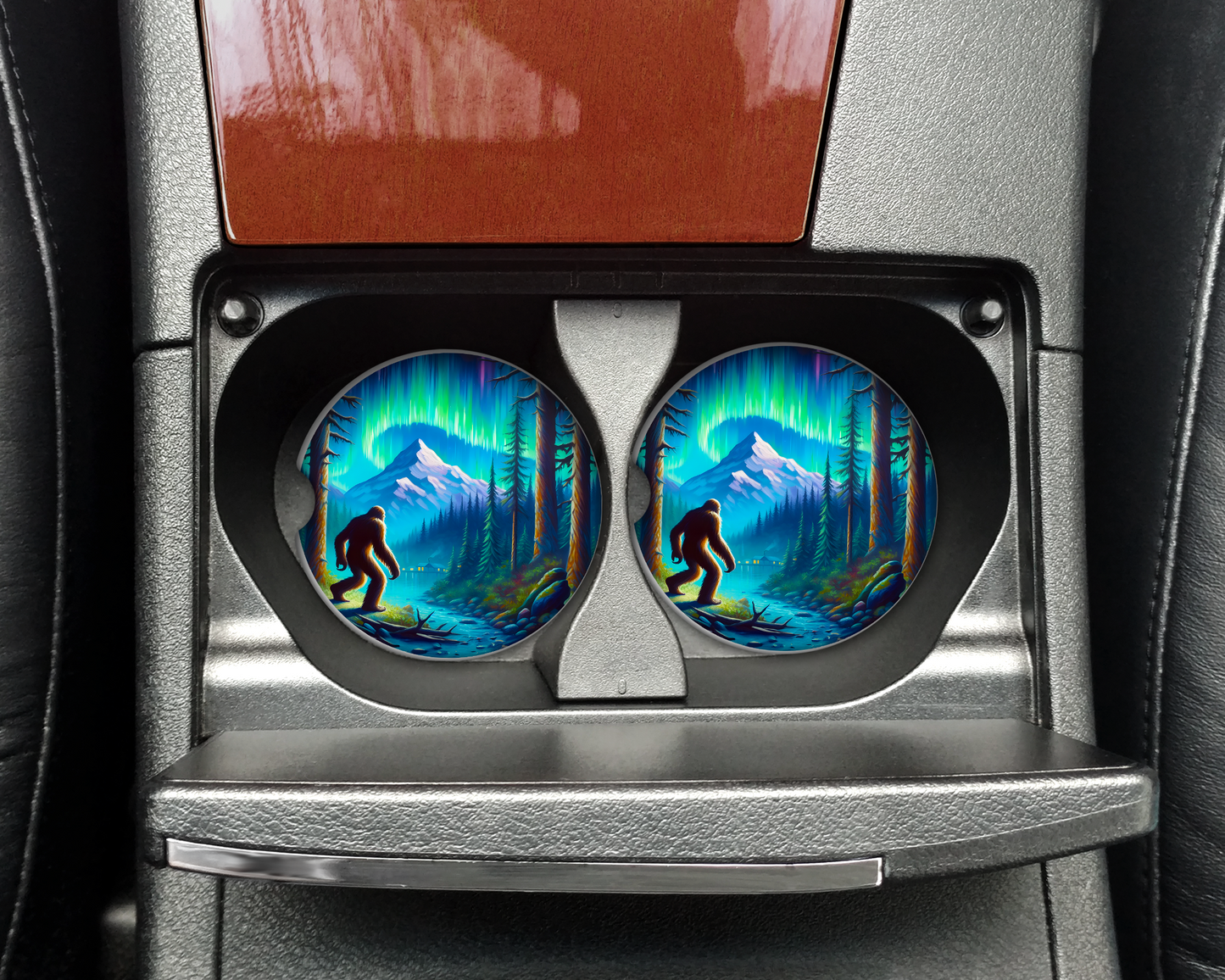 Big Foot Ceramic Car Coasters with River and Northern Lights Design