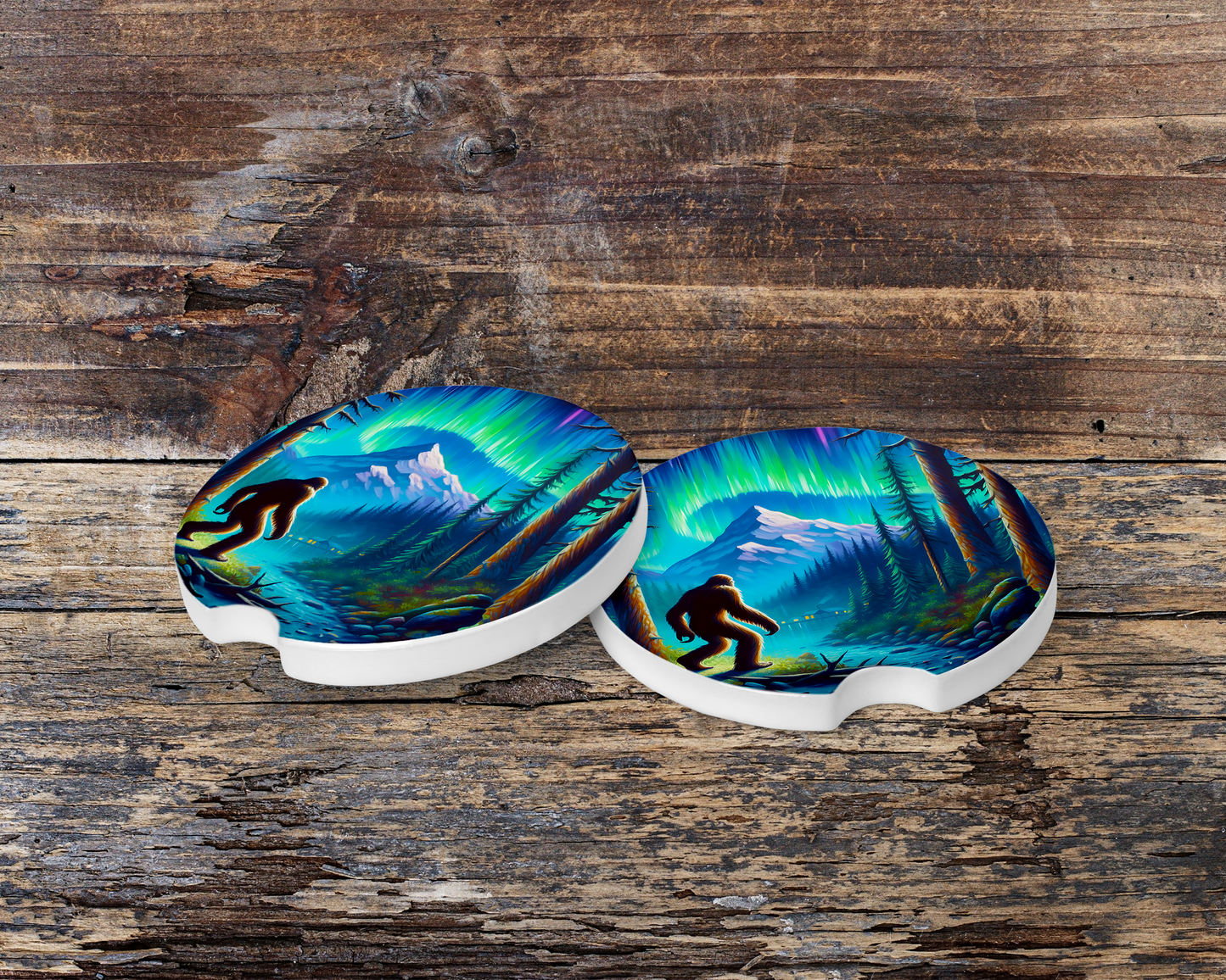 Big Foot Ceramic Car Coasters with River and Northern Lights Design