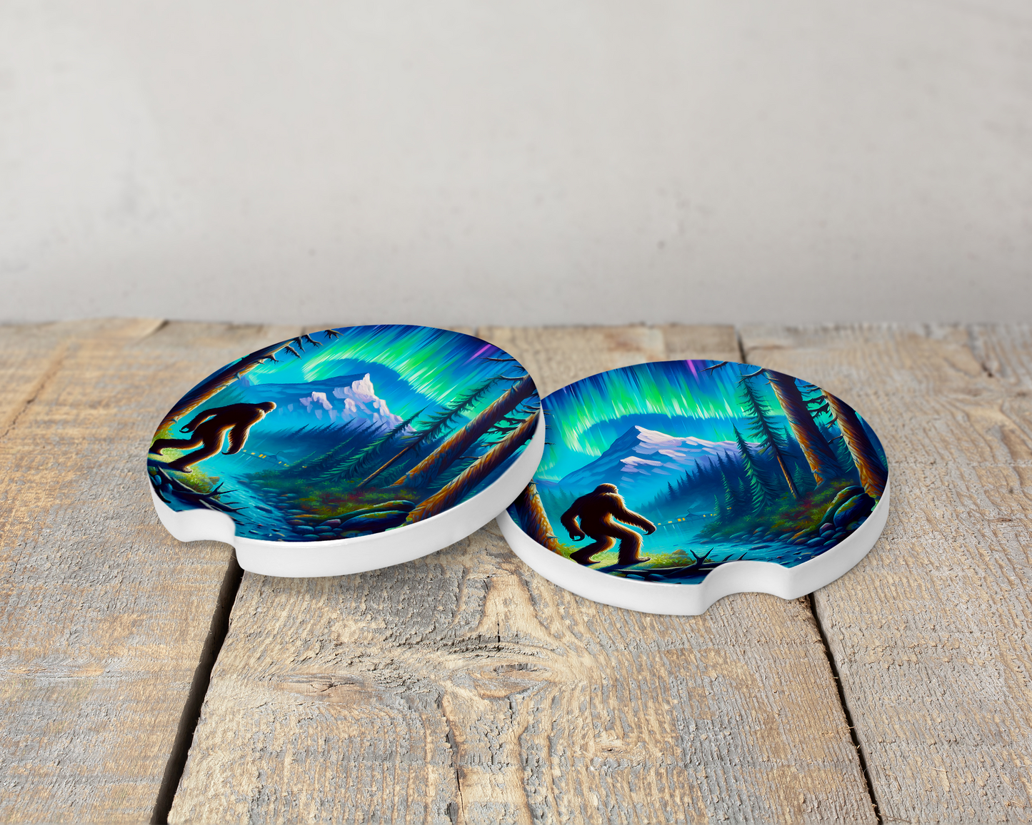 Big Foot Ceramic Car Coasters with River and Northern Lights Design