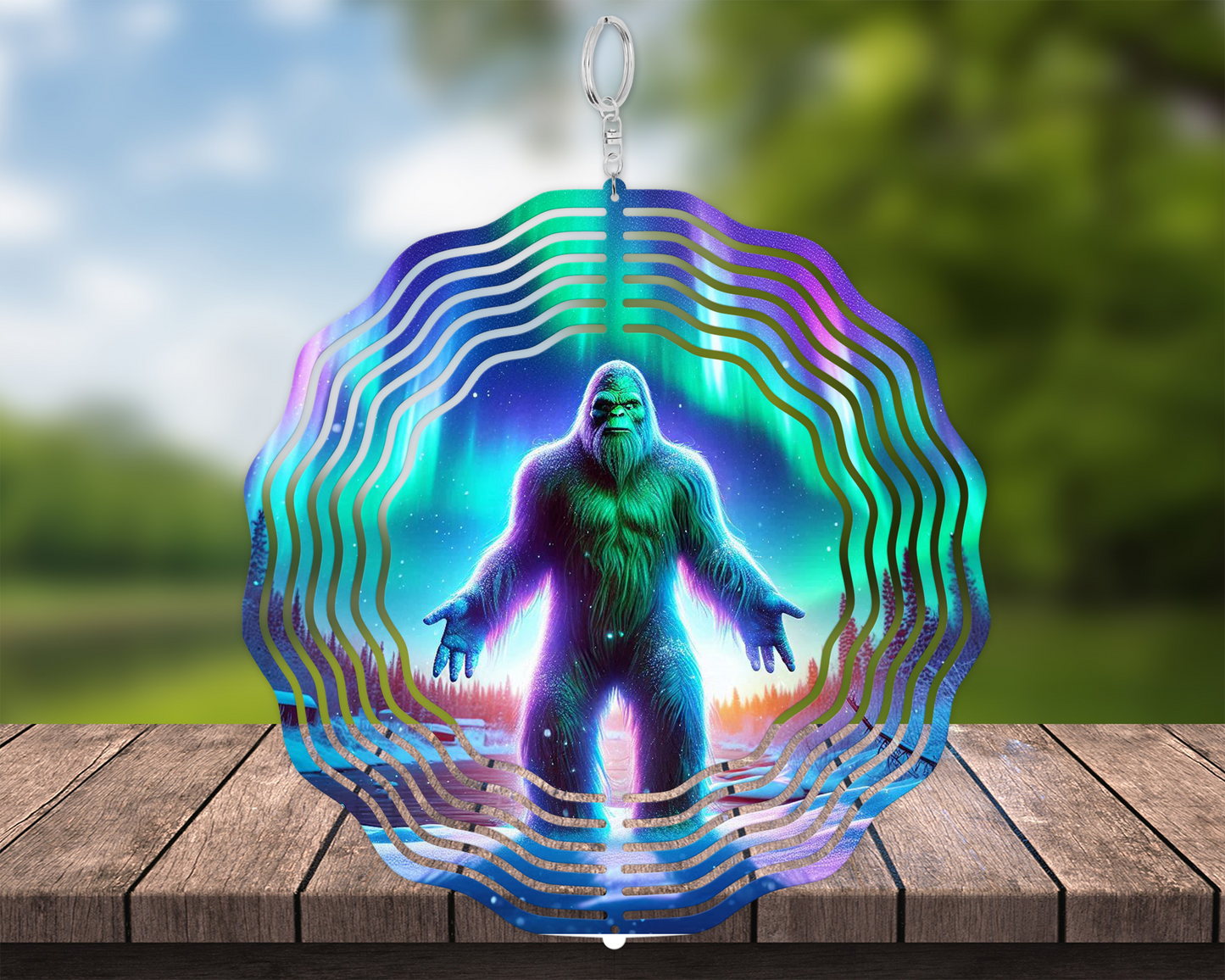 Bigfoot Northern Lights Wind Spinner, Festive Garden Spinner, Bigfoot Enthusiasts Gift, Porch Decor, Cryptidcore Sasquatch Gifts, Yard Art