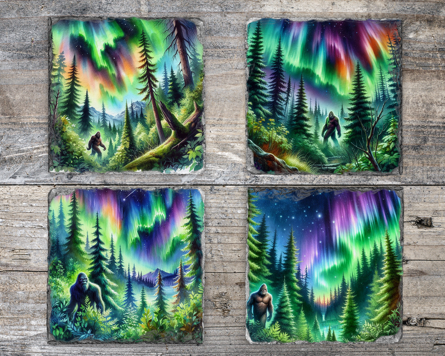 Northern Lights Big Foot Coasters, Set of 4 Unique Slate Coasters, Unique Gift for Big Foot Fans, Quirky Home Accents, Unique Coaster Set
