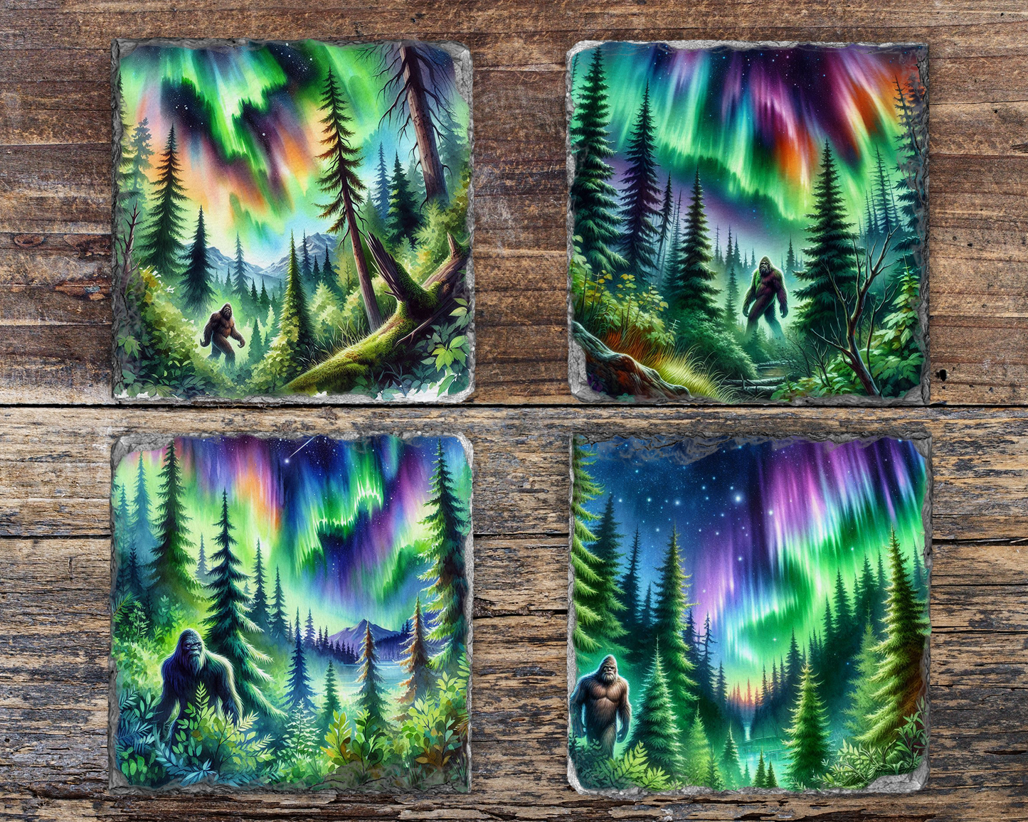 Northern Lights Big Foot Coasters, Set of 4 Unique Slate Coasters, Unique Gift for Big Foot Fans, Quirky Home Accents, Unique Coaster Set