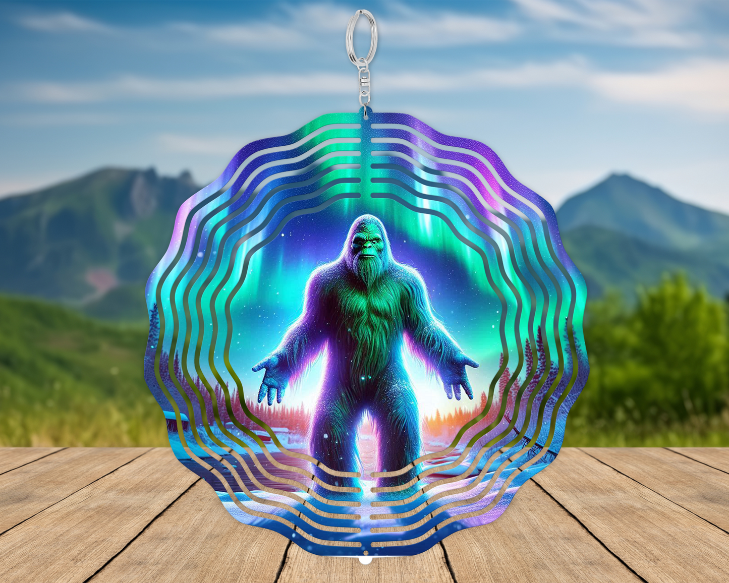 Bigfoot Northern Lights Wind Spinner, Festive Garden Spinner, Bigfoot Enthusiasts Gift, Porch Decor, Cryptidcore Sasquatch Gifts, Yard Art