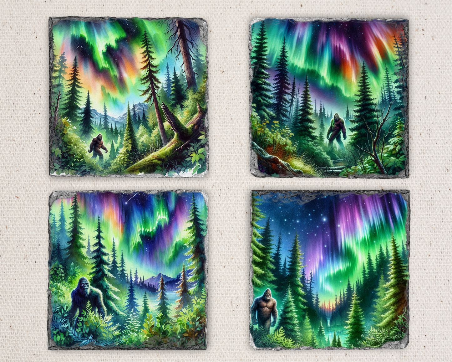 Northern Lights Big Foot Coasters, Set of 4 Unique Slate Coasters, Unique Gift for Big Foot Fans, Quirky Home Accents, Unique Coaster Set