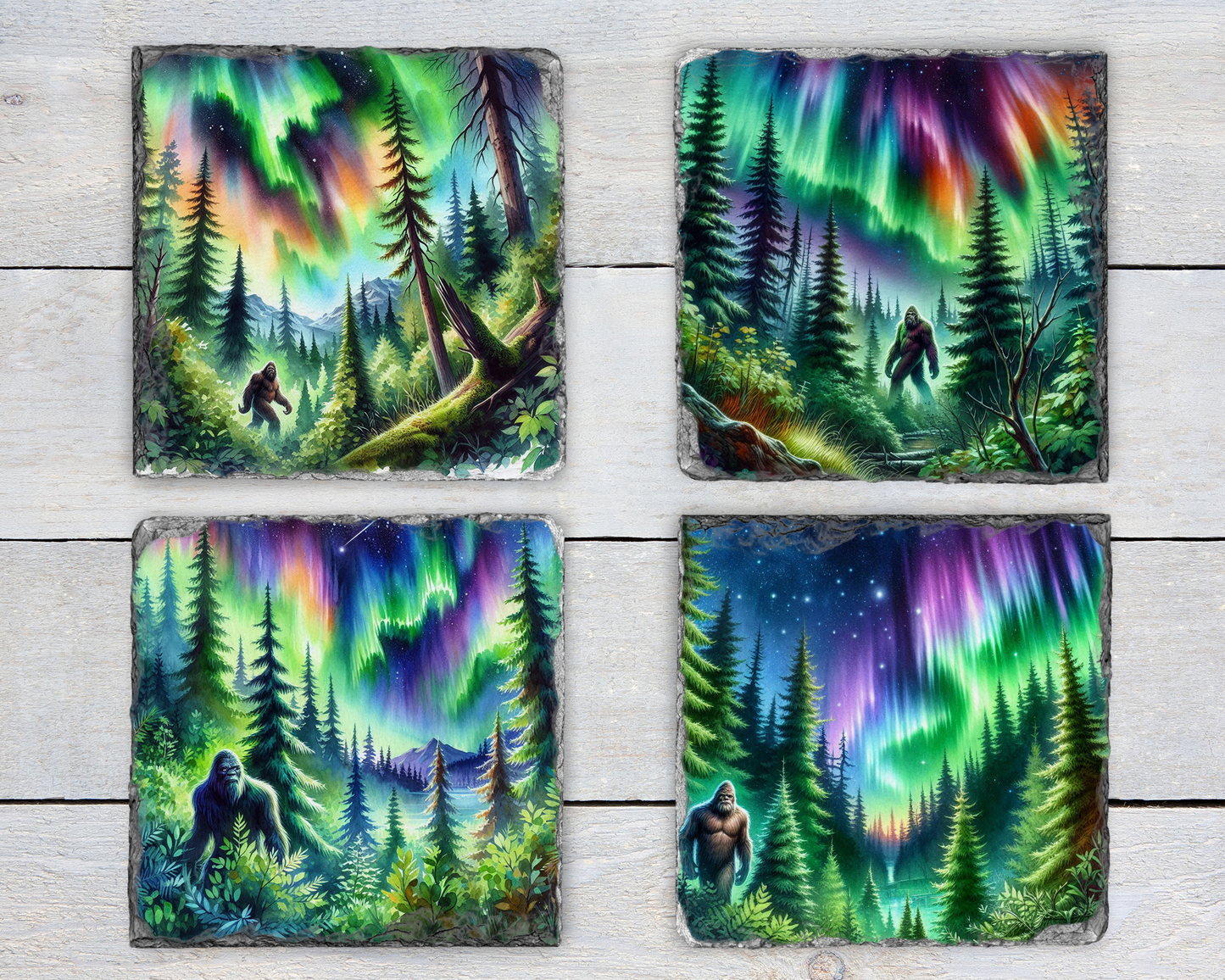 Northern Lights Big Foot Coasters, Set of 4 Unique Slate Coasters, Unique Gift for Big Foot Fans, Quirky Home Accents, Unique Coaster Set