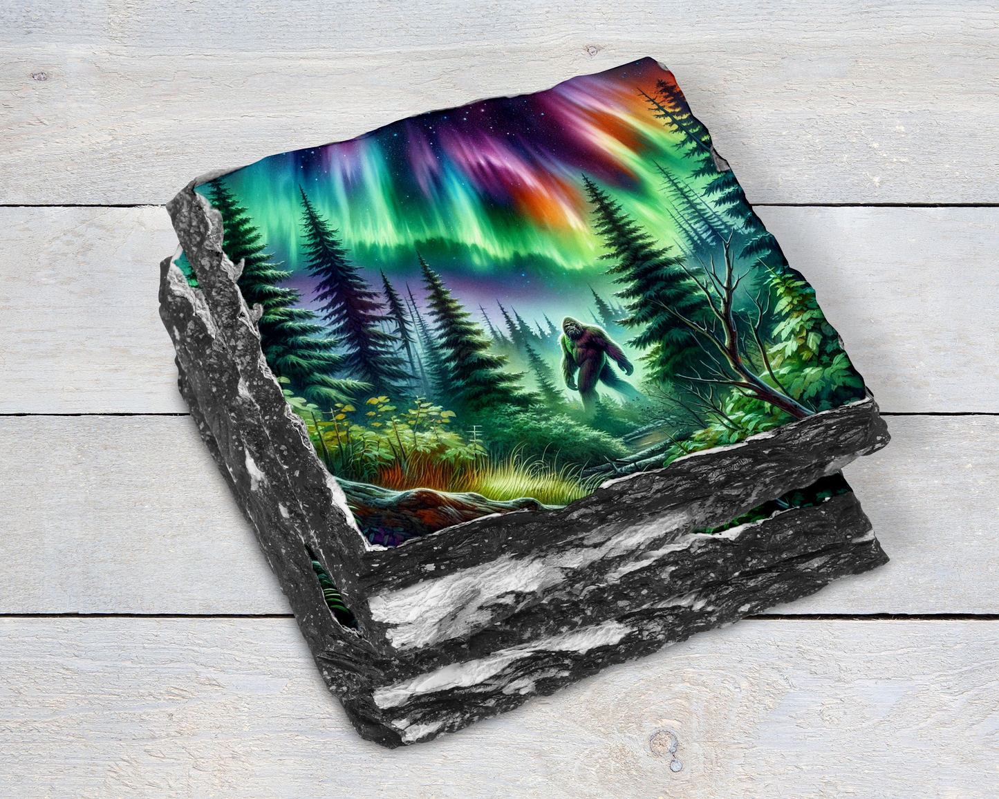 Northern Lights Big Foot Coasters, Set of 4 Unique Slate Coasters, Unique Gift for Big Foot Fans, Quirky Home Accents, Unique Coaster Set