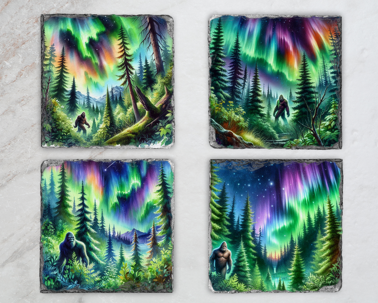 Northern Lights Big Foot Coasters, Set of 4 Unique Slate Coasters, Unique Gift for Big Foot Fans, Quirky Home Accents, Unique Coaster Set