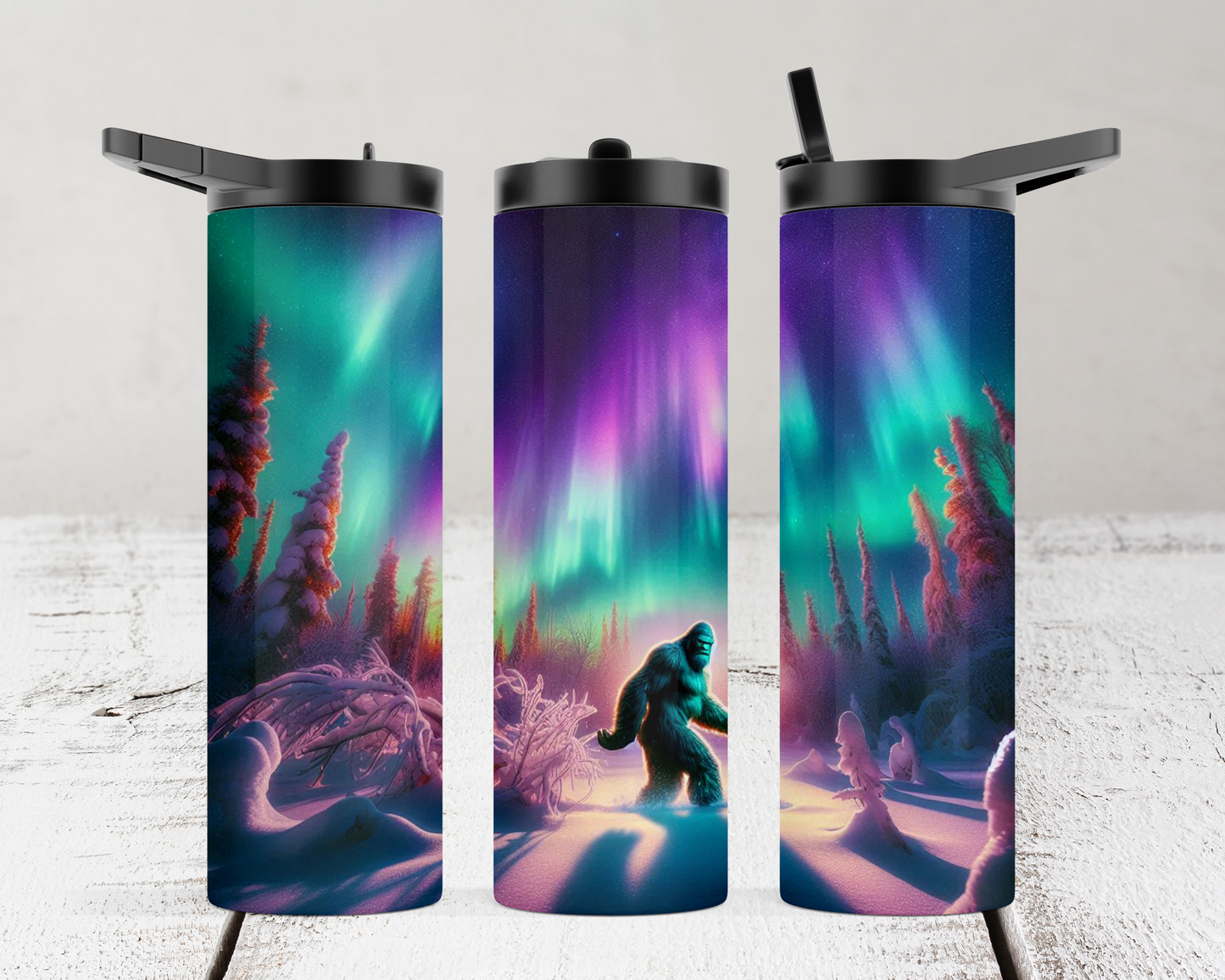 20 oz Dual Lid Water Bottle - Big Foot in Winter Mountains with Northern Lights