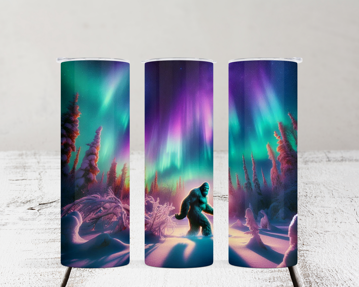 20 oz Dual Lid Water Bottle - Big Foot in Winter Mountains with Northern Lights