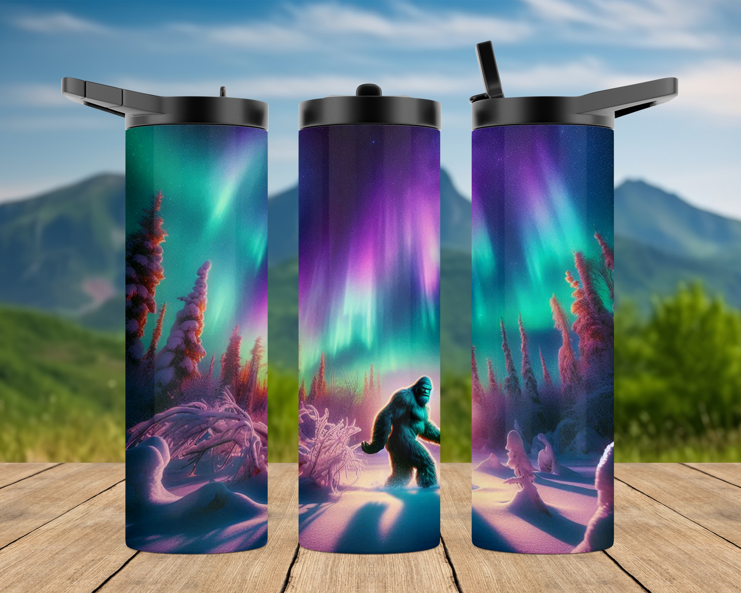 20 oz Dual Lid Water Bottle - Big Foot in Winter Mountains with Northern Lights