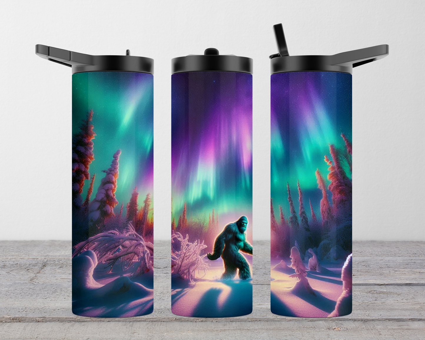 20 oz Dual Lid Water Bottle - Big Foot in Winter Mountains with Northern Lights