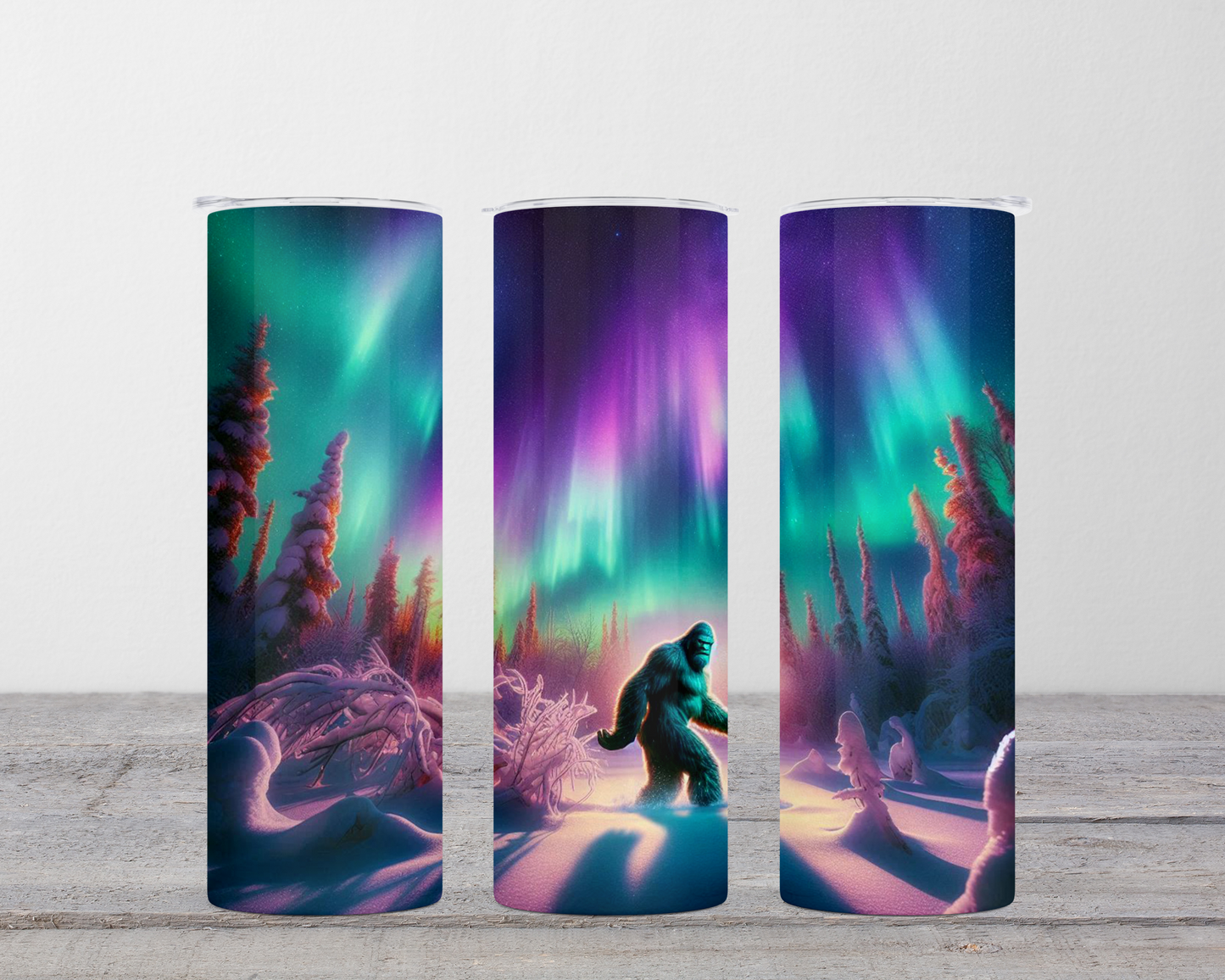 20 oz Dual Lid Water Bottle - Big Foot in Winter Mountains with Northern Lights