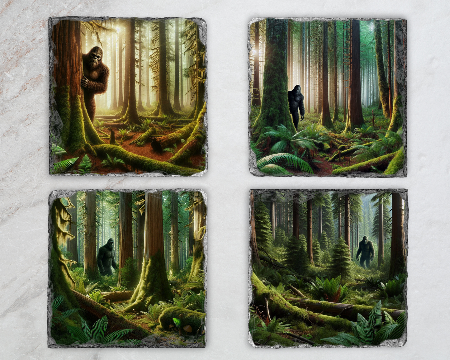 Handcrafted Set of 4 Unique Slate Coasters with Big Foot Design, Unique Gifts for Big Foot Believer, Unique Coaster Set, Quirky Home Accents