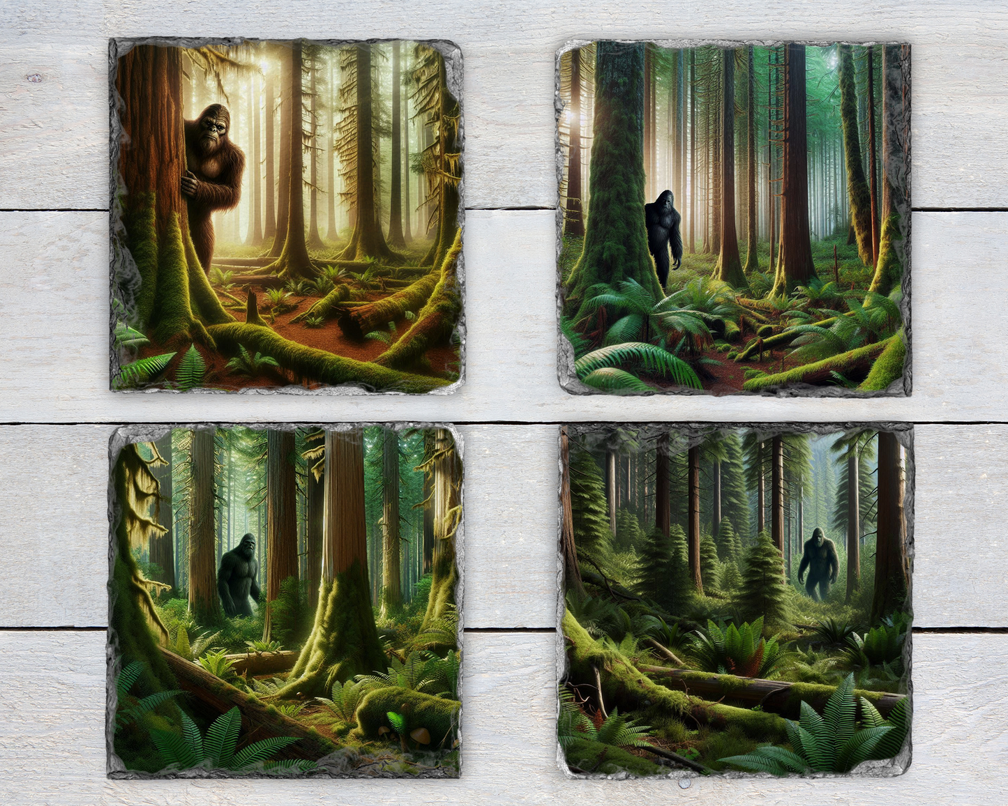 Handcrafted Set of 4 Unique Slate Coasters with Big Foot Design, Unique Gifts for Big Foot Believer, Unique Coaster Set, Quirky Home Accents