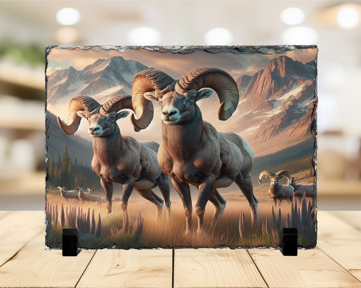 Colorado Mountain Big Horn Sheep Photo Slate, Snow Capped Mountains Display Stand