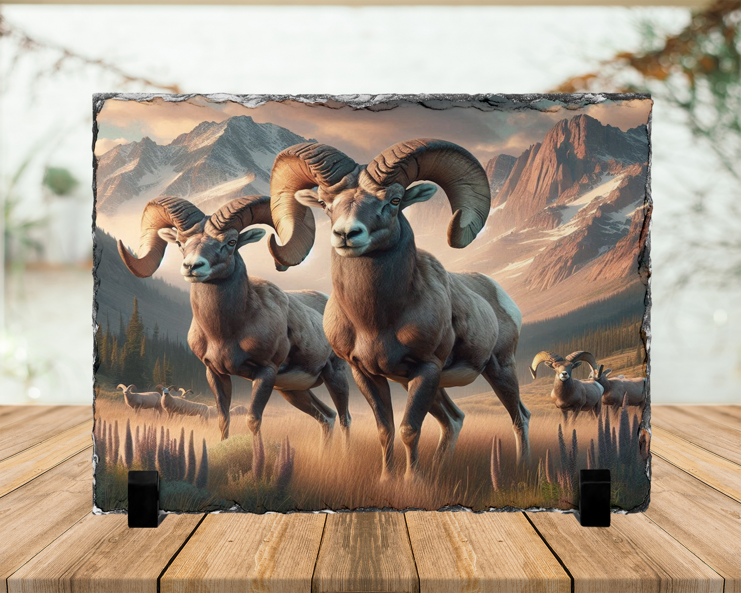 Colorado Mountain Big Horn Sheep Photo Slate, Snow Capped Mountains Display Stand