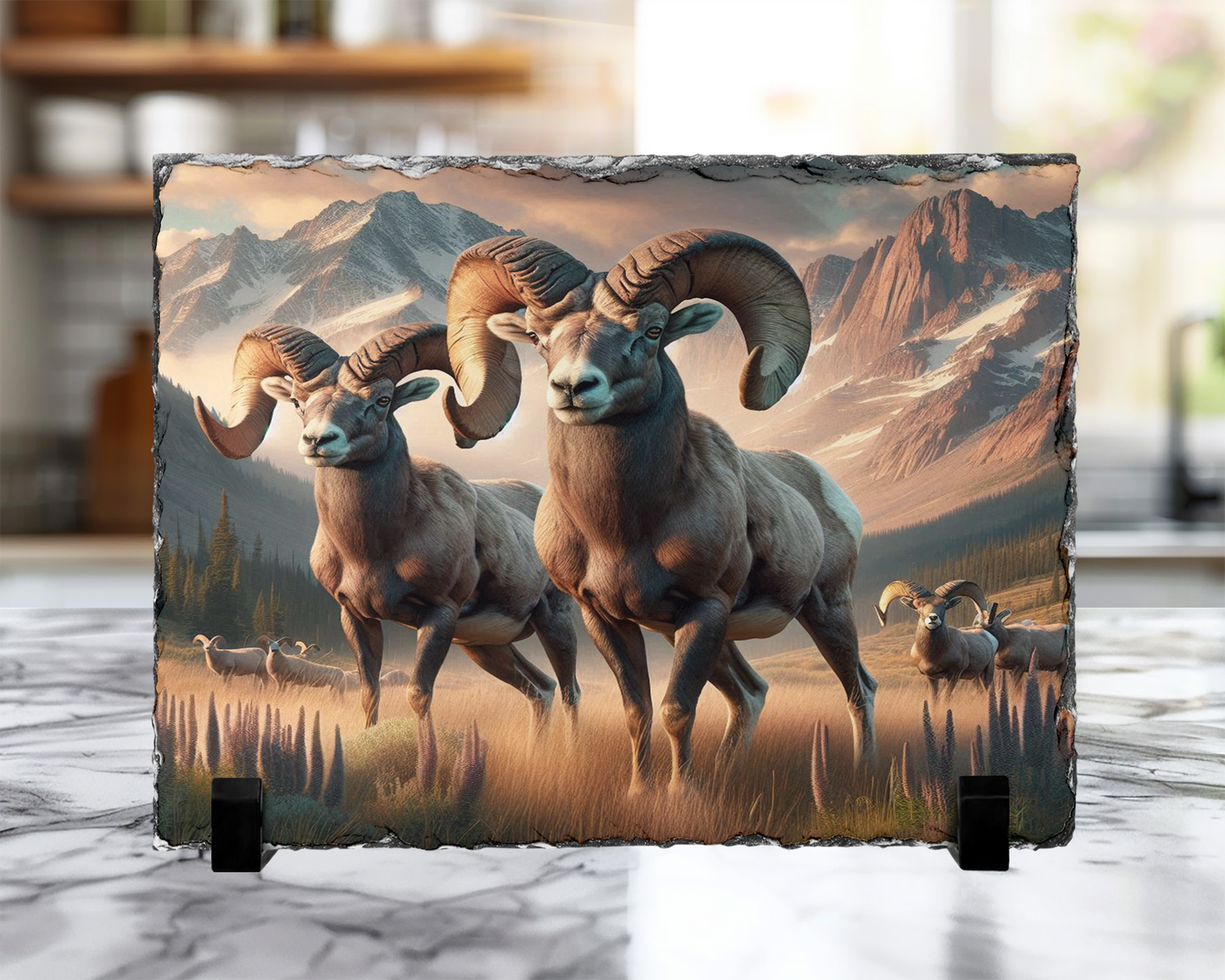 Colorado Mountain Big Horn Sheep Photo Slate, Snow Capped Mountains Display Stand