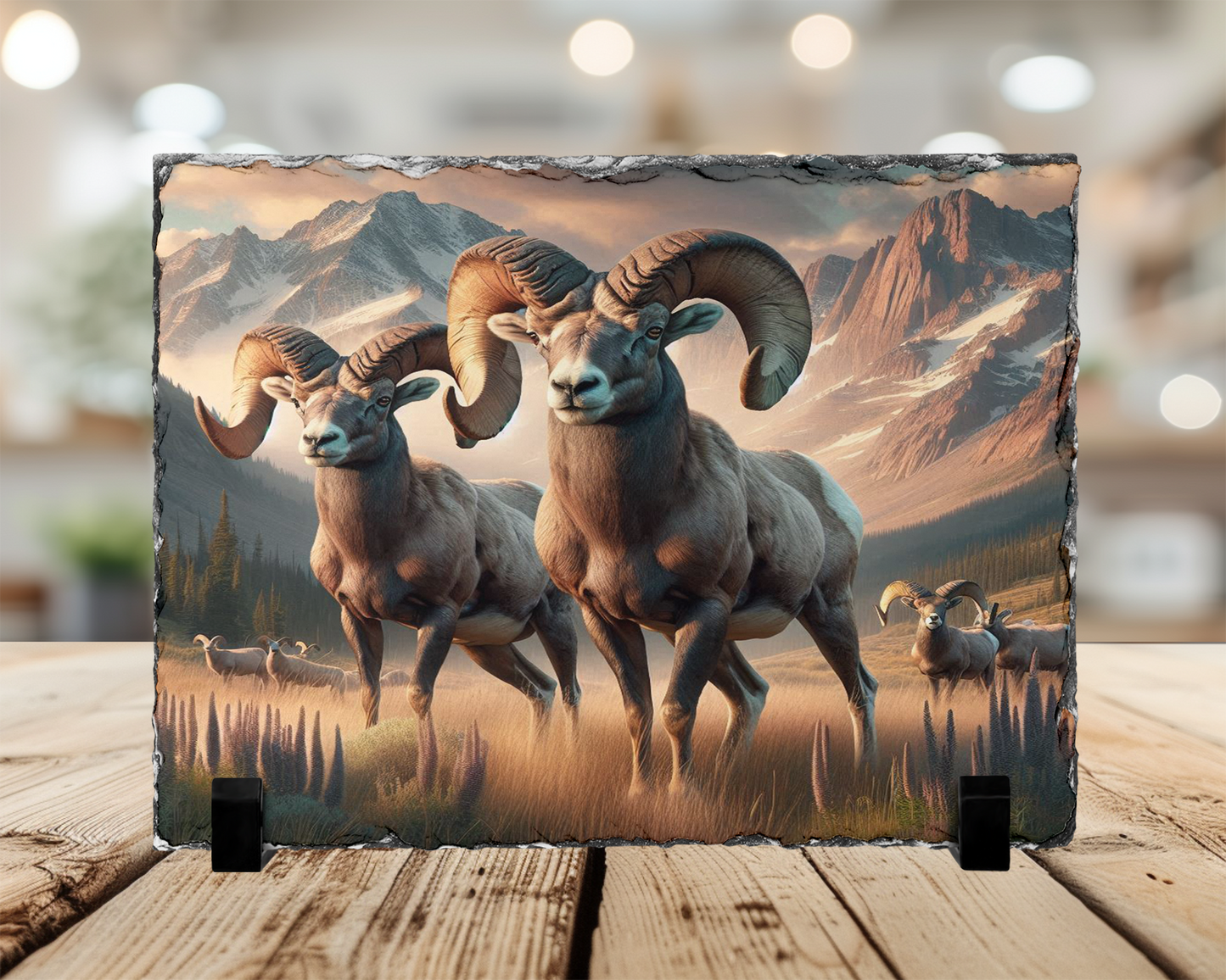 Colorado Mountain Big Horn Sheep Photo Slate, Snow Capped Mountains Display Stand