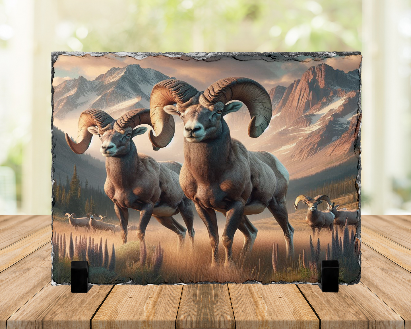Colorado Mountain Big Horn Sheep Photo Slate, Snow Capped Mountains Display Stand