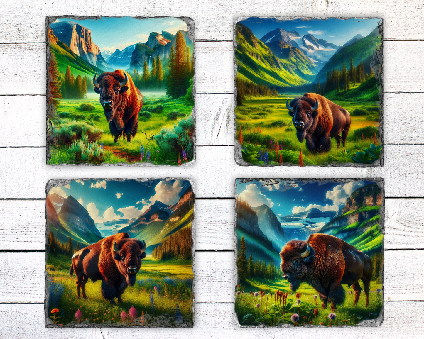 Nature Inspired Coaster Set with Bison and Mountain Scenes - Set of 4 Slate Coasters