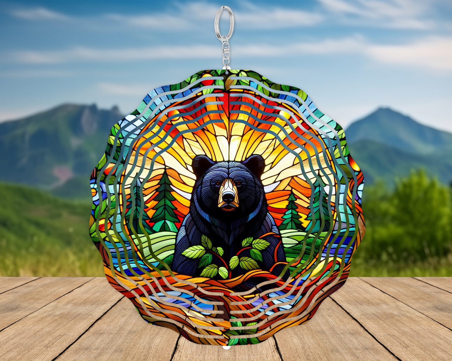 Black Bear Stained Glass Wind Spinner, Unique Gifts for Mothers Day, Hanging Wind Spinner for Porch, Bear Lover Gifts, Nature Inspired