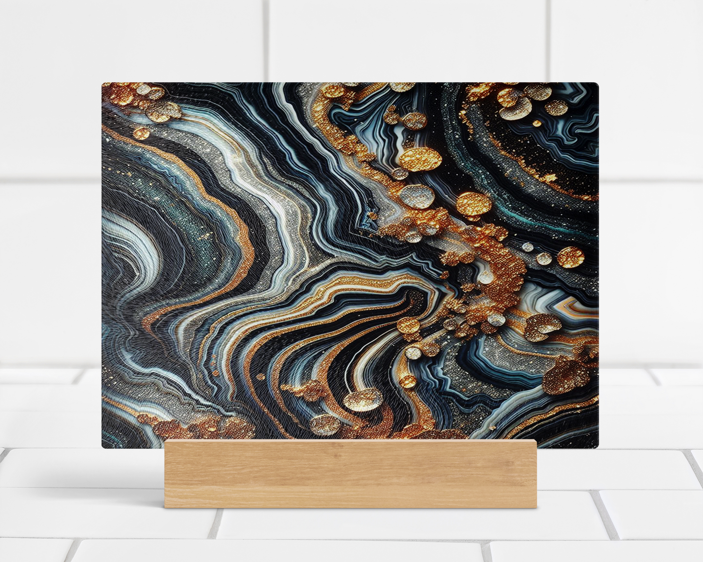 Tempered Glass Cutting Board with Glitter Agate Pattern in Black White Silver and Gold