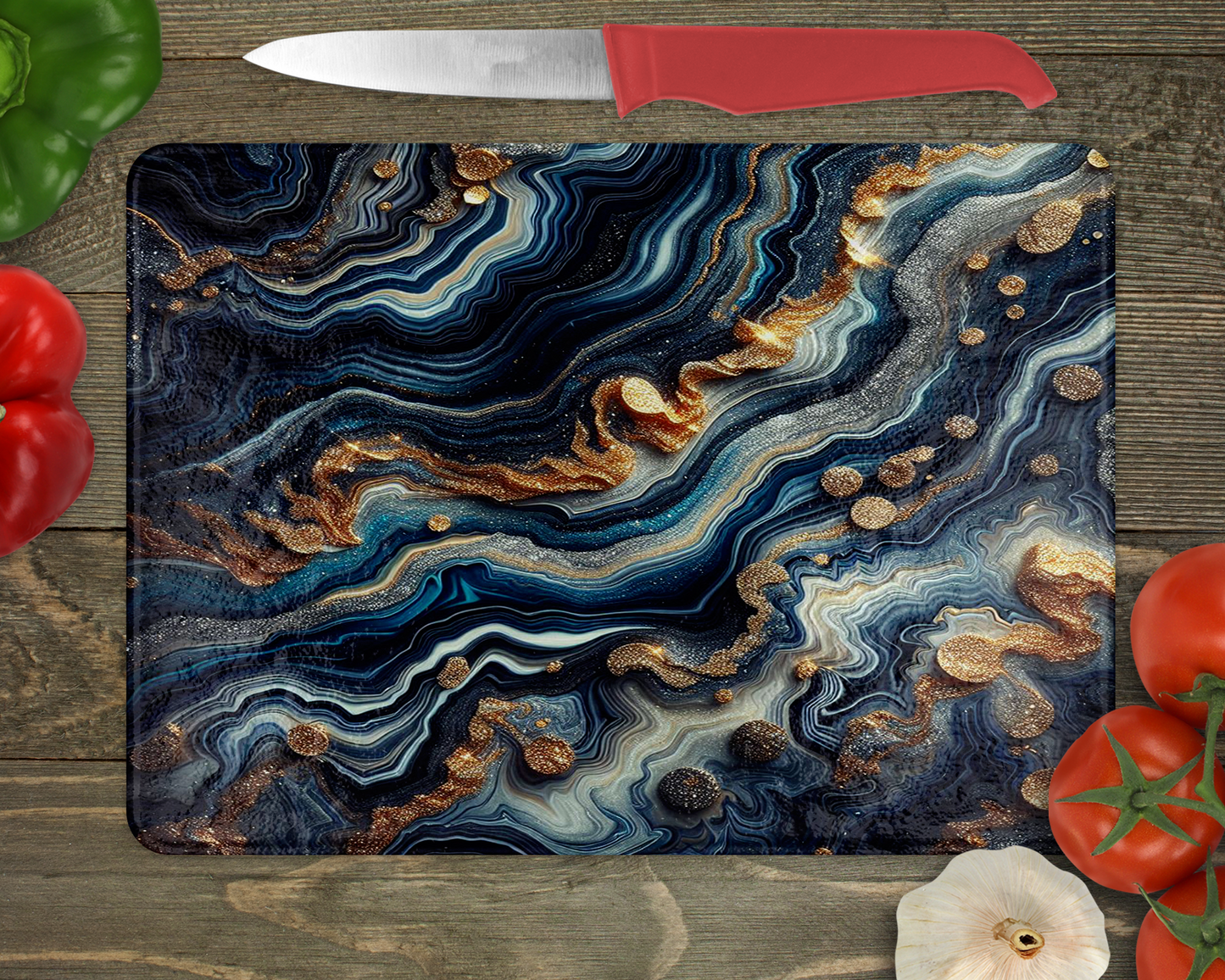 Large Tempered Glass Cutting Board, Navy Blue White Gold Agate Pattern