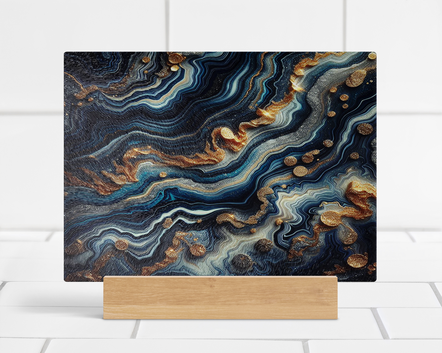 Large Tempered Glass Cutting Board, Navy Blue White Gold Agate Pattern