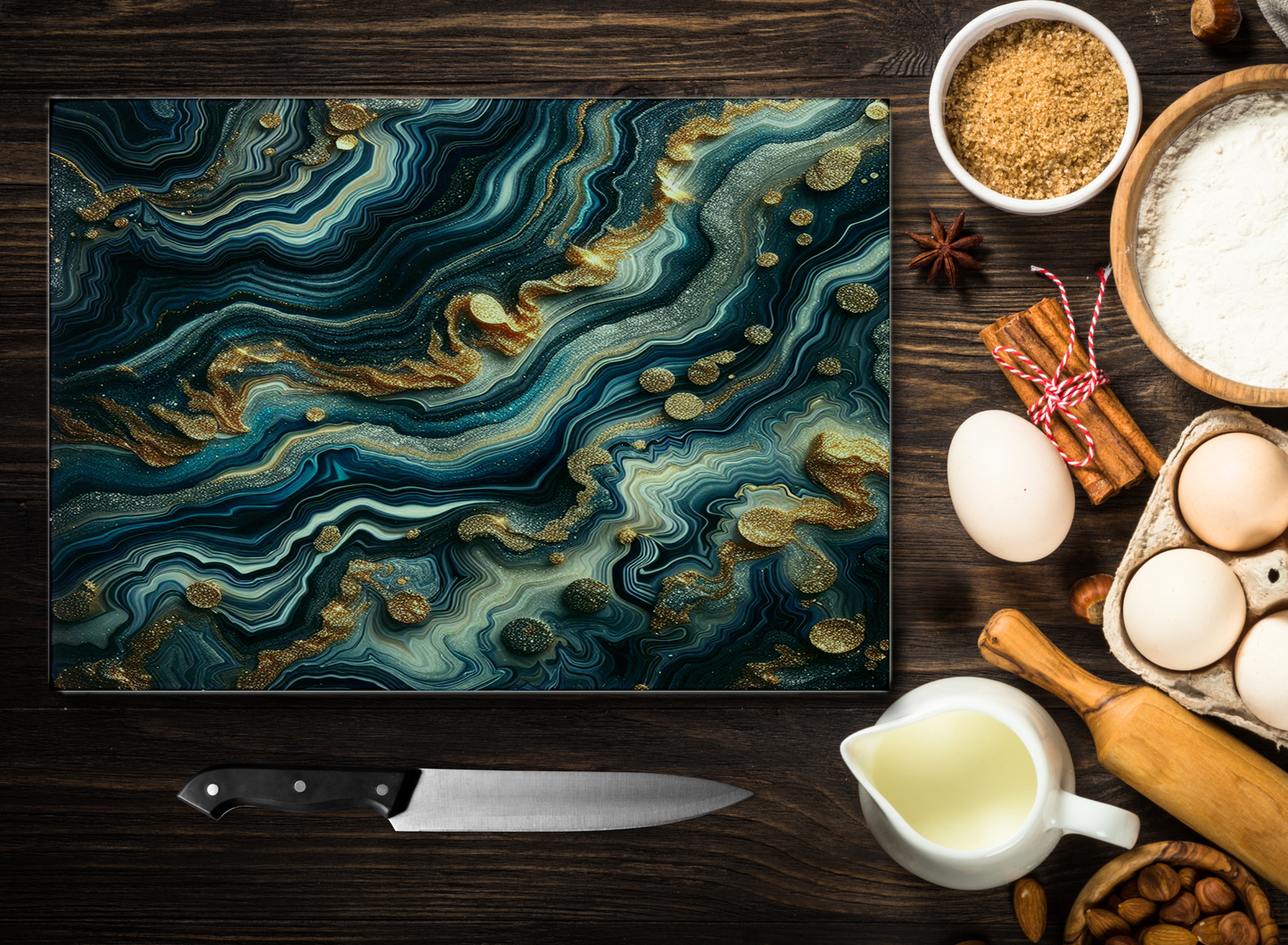 Large Tempered Glass Cutting Board, Navy Blue White Gold Agate Pattern