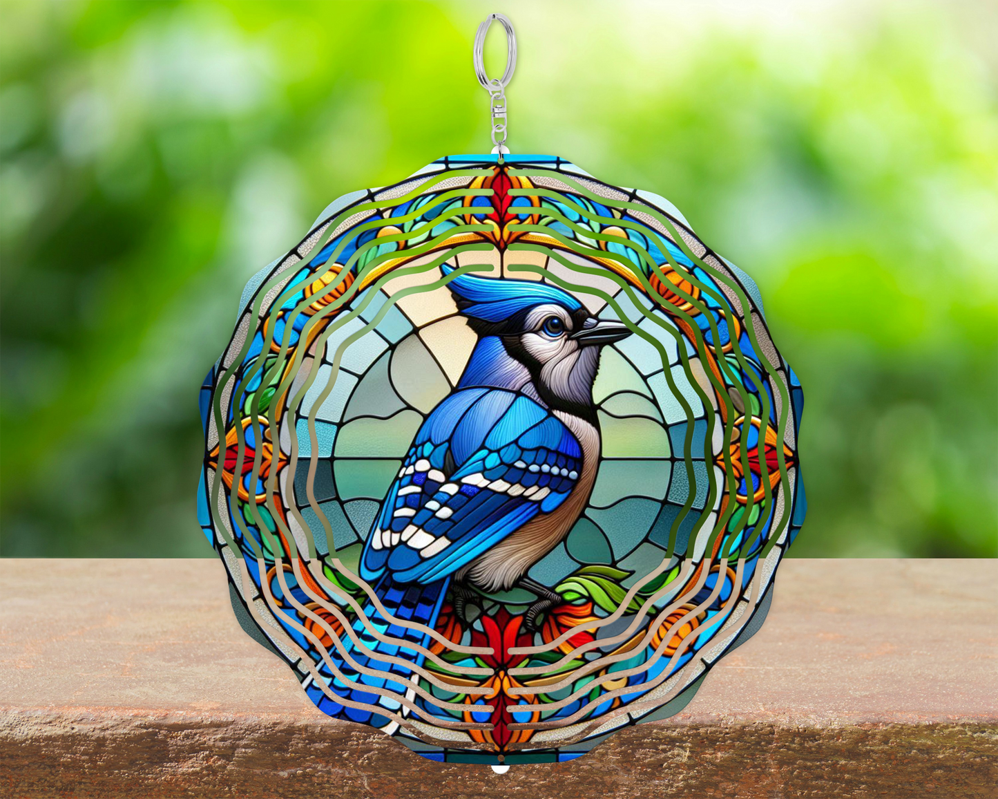 Bluejay Stained Glass Design Wind Spinner, Unique Gift for Mothers Day, Bluejay Decor, Hanging Wind Spinner, Porch Decor, Yard Decor